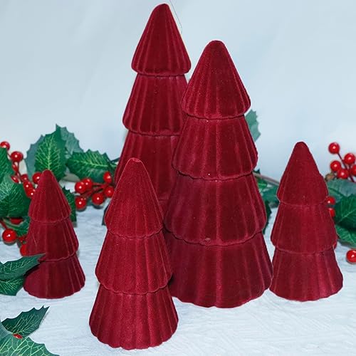 Miniatura 7 de Decoraciones de mesa de Navidad, juego de 5 árboles de Navidad de terciopelo flocado, modernos conos, centros de mesa para el hogar, mesa, mantel de
