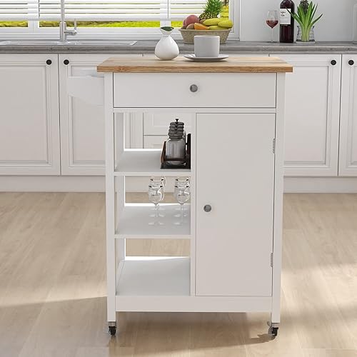 Miniatura 2 de Pequeña isla de cocina con ruedas con almacenamiento y encimera de madera de caucho, carrito de isla de cocina rodante con cajón, armario de