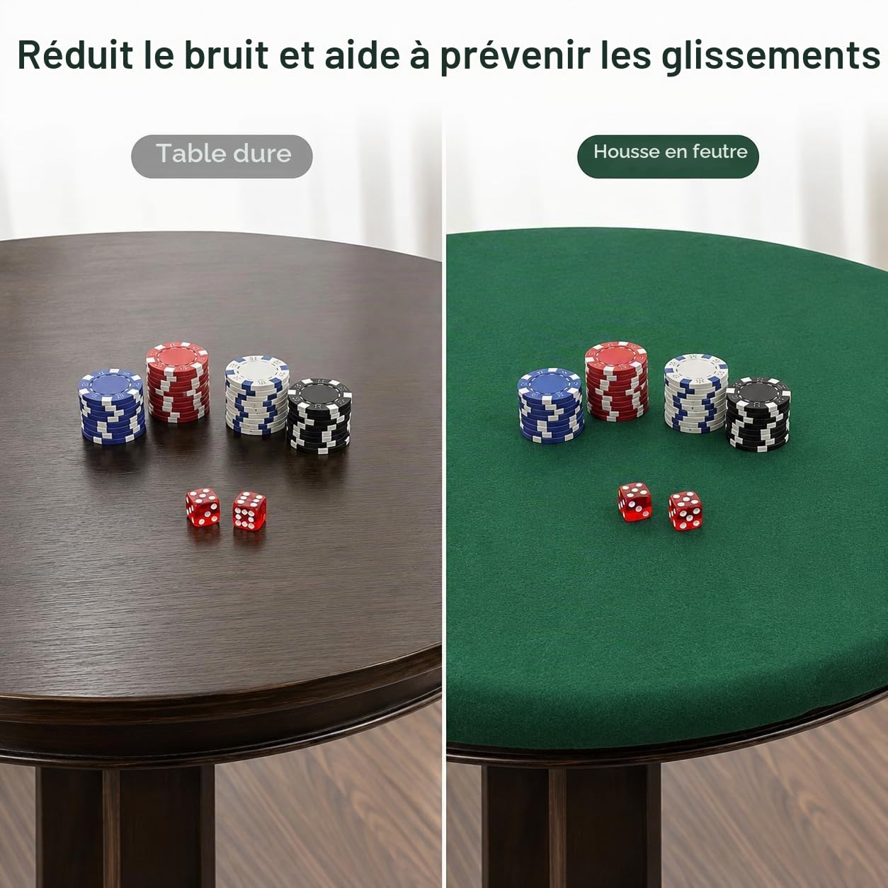 Katai – Tapis de Poker Rond en Feutre Vert 36–48 Pouces – Style Casino Antidérapant et Anti-Bruit pour Jeux de Cartes, Mahjong ou Soirées Jeux – avec 6 Dessous-de-Verre en Liège