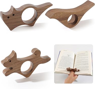 3Pcs Walnut Book Thumb Page Holder Set Cat Dog Bird Bat Bookmark Heart Beard Wood Thumb Bookmarks Christmas Gifts for Women Men Readers Writer Book Lover PH07811-Cat+Dog+Bird