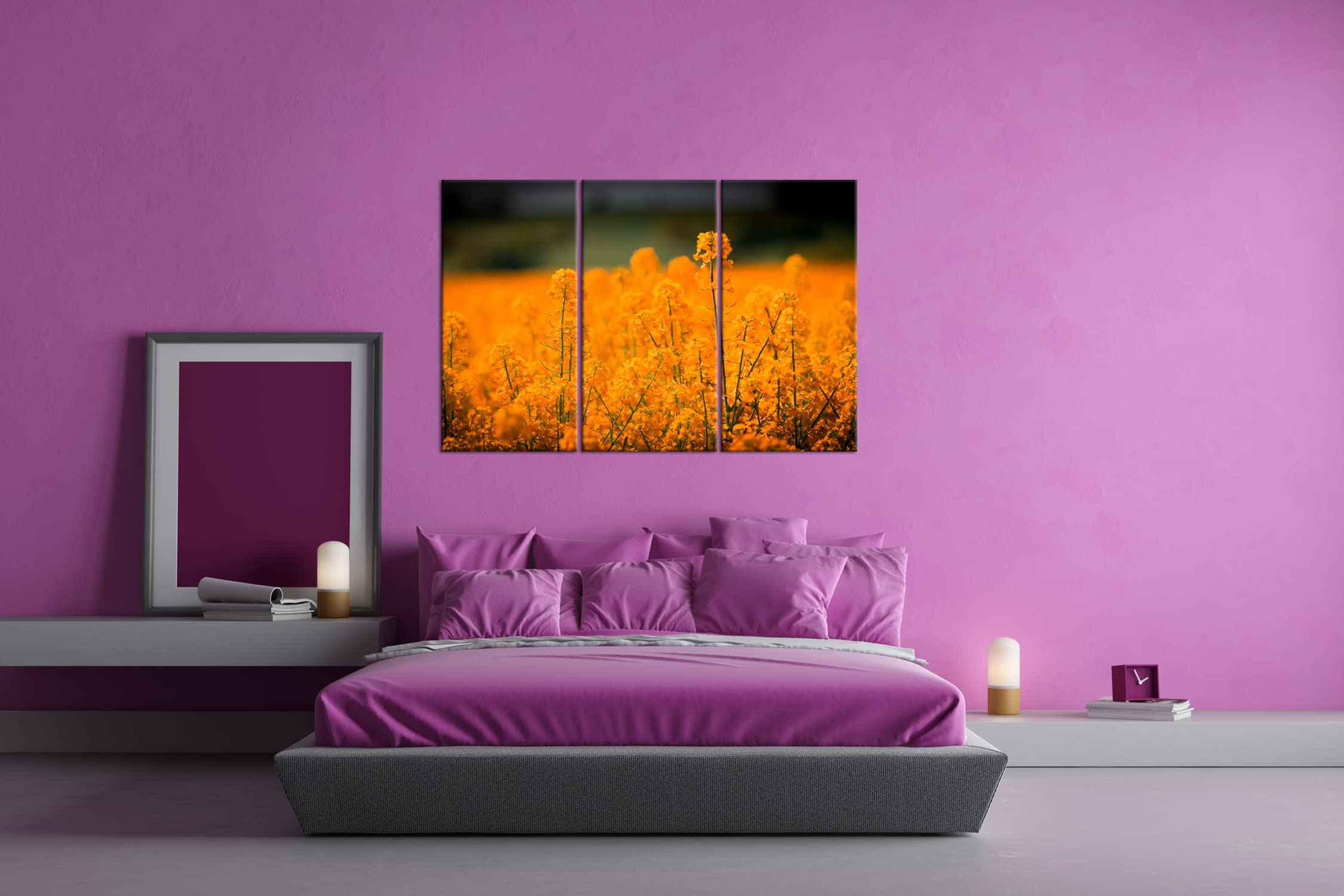 Large Champ de Colza comme Impression sur toile Motif montée sur cadre en bois véritable, Impression numérique de qualité avec cadre, pas poster ou Affiche, Toile, Dreiteilig (120x80)