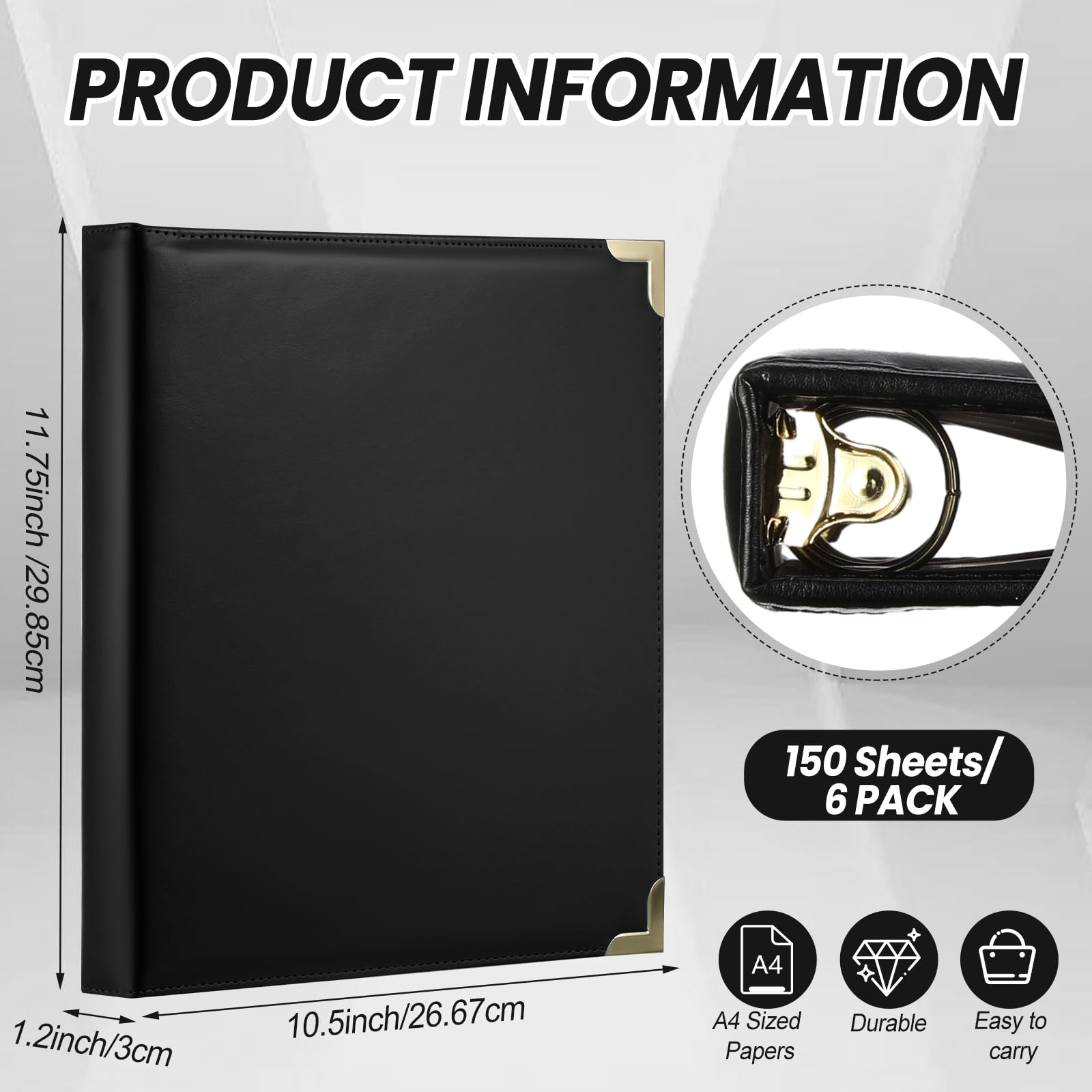 Cholemy 6 raccoglitori in pelle a 3 anelli, collezione classica, per presentazioni esecutive, vintage, contiene 150 fogli con 2 tasche interne (nero)