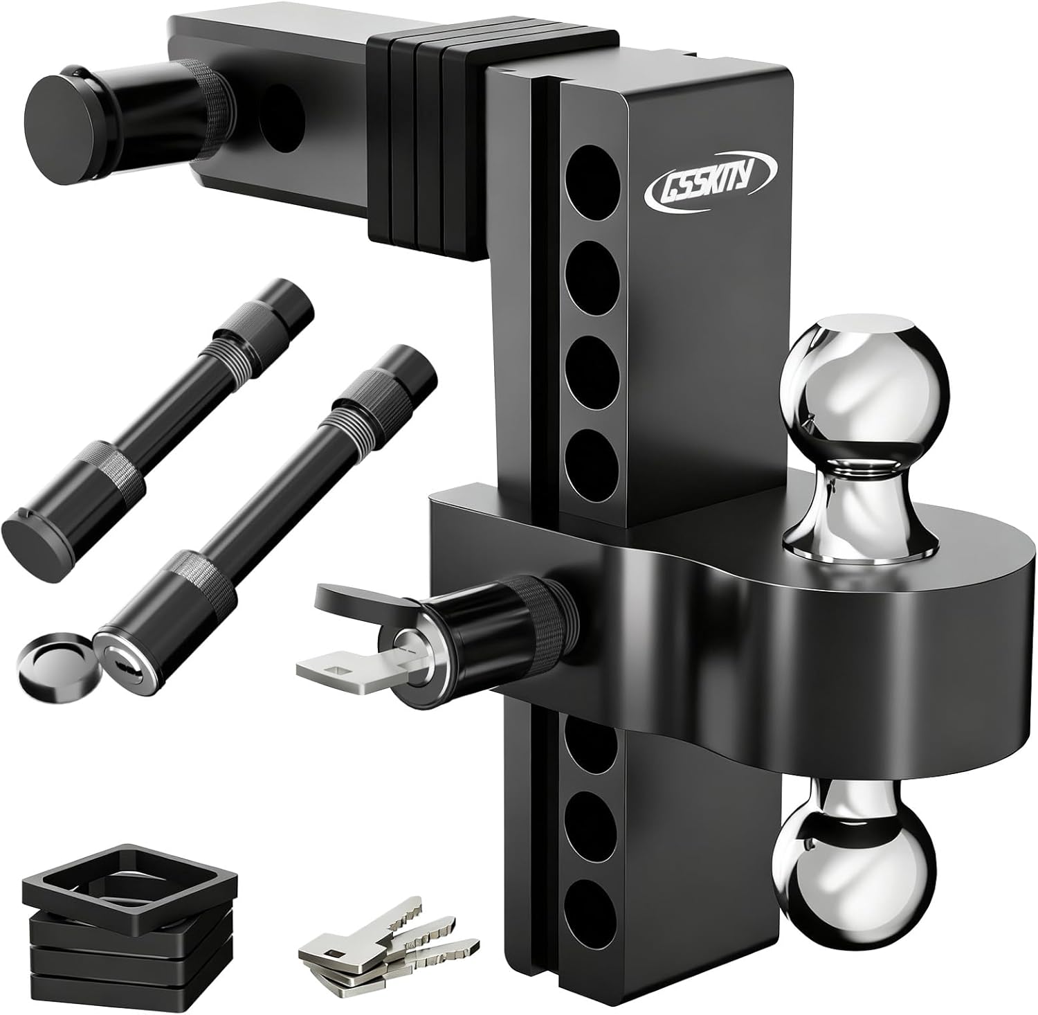 Adjustable Trailer Hitch for 2-Inch Receiver-8-Inch Drop/Rise,2" & 2-5/16" Ball Hitches for Trucks,18,500 LBS GTW, Heavy Duty Aluminum Tow Hitch with Anti-Theft Locking Pins,Black