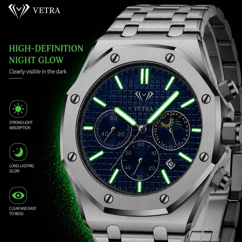 Vetra Orologi da uomo ottagonali di lusso multifunzione orologi per uomo analogico fasi lunari quadrante blu in acciaio inossidabile luminoso impermeabile data regalo per uomo Relojes para Hombres