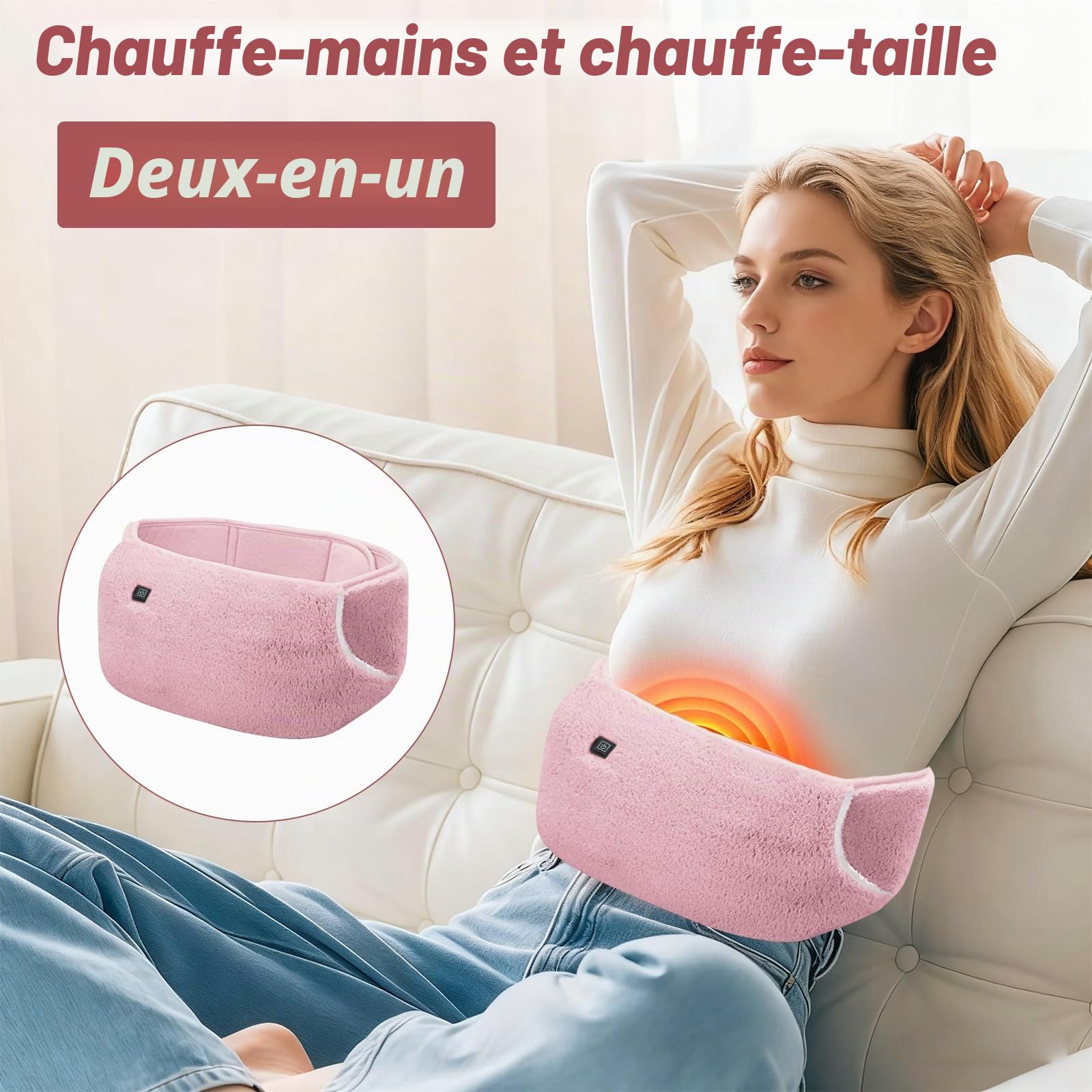 BORDEAG Ceinture chauffante sans fil pour le dos - Coussin chauffant vibrant - Massage Shiatsu - 3 niveaux de température - 8 heures d'autonomie - Rose - Silicone médical - 32 x 35 x 1 cm