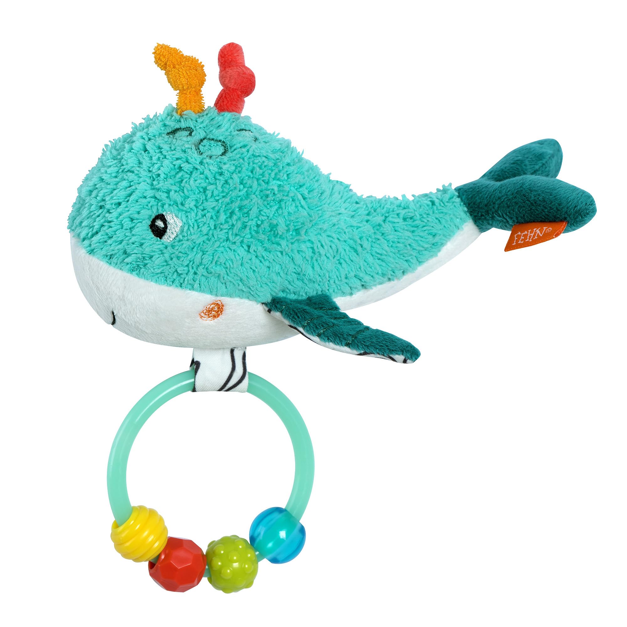 Fehn Whale Bead Ring - Grasping Toy for Rattling, Feeling, Playing with Cuddly Soft Fabric Figure - A Faithful Companion for Babies and Toddlers from 0+ Months