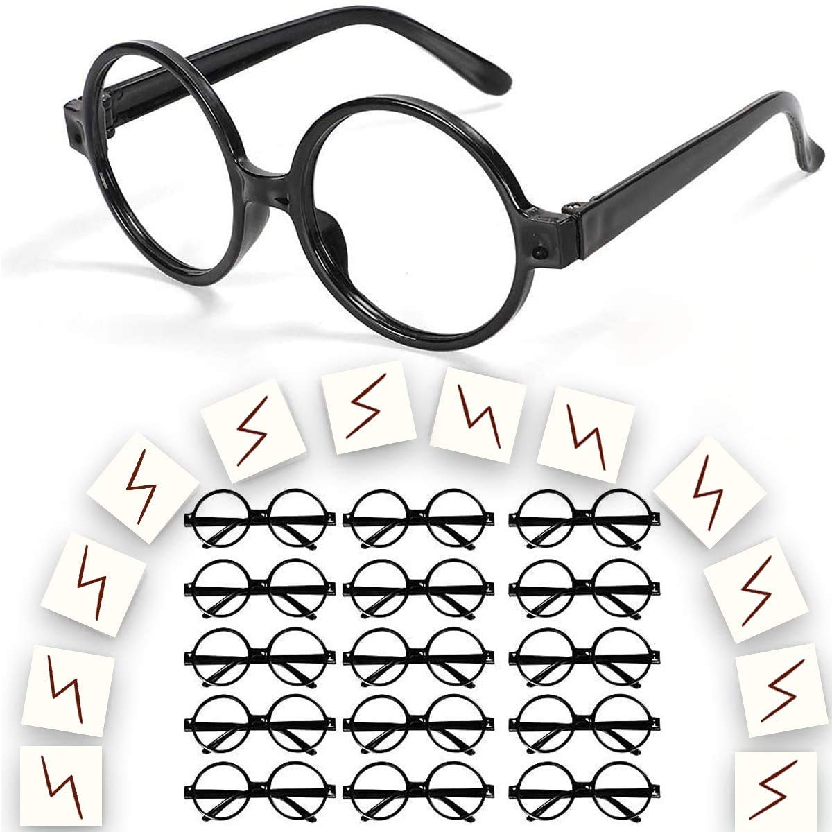 24Pcs Harry-PotterWizard Glasses with Round Frame No Lenses and Lightning Bolt Tattoos for Kids, Black