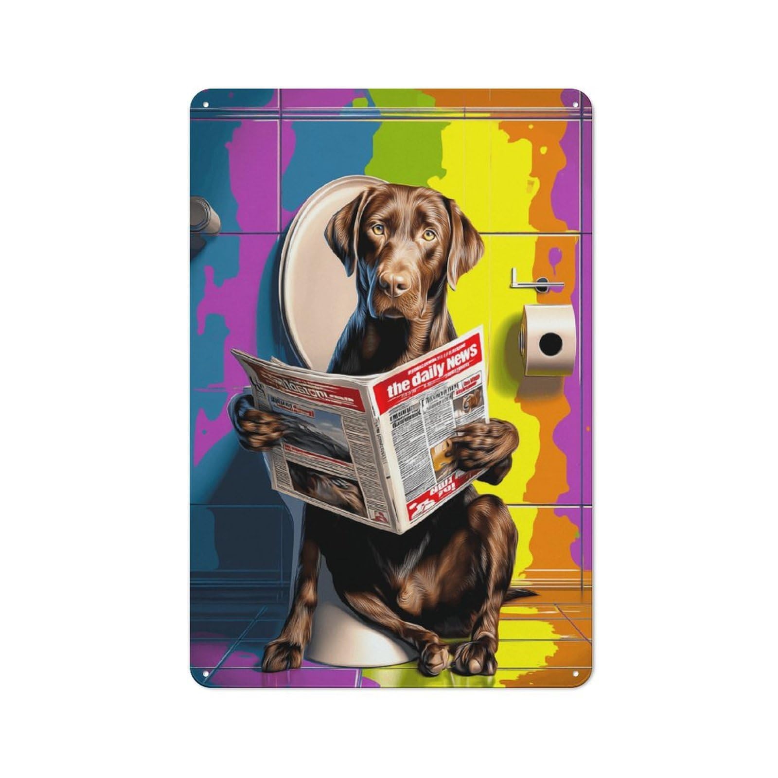 Junmoney Dog Reading Newspaper In Bathroom -1 Metal Wall Plaque With Design 30X20cm, Classic Retro Room Decor For Kitchen, Hallway, Bar Or Small Cafe