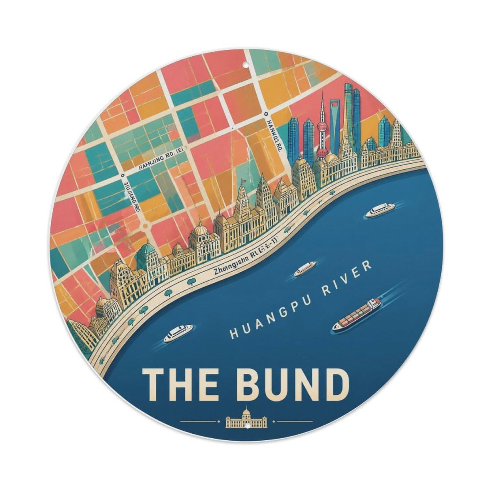 Okngb Style The Bund Shanghai Memphis Geometry Riverfront Detail Metal Tin Sign Plaque Wall Decor For Cafe, Man Cave, Club Bar, Office, Home Garden Round Metal Poster 8X8inch