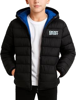DKNY Boys Puffer Jacket: Midweight Insulated, Wind & Water Resistant Hooded Quilted Winter Coat Sizes 5-7