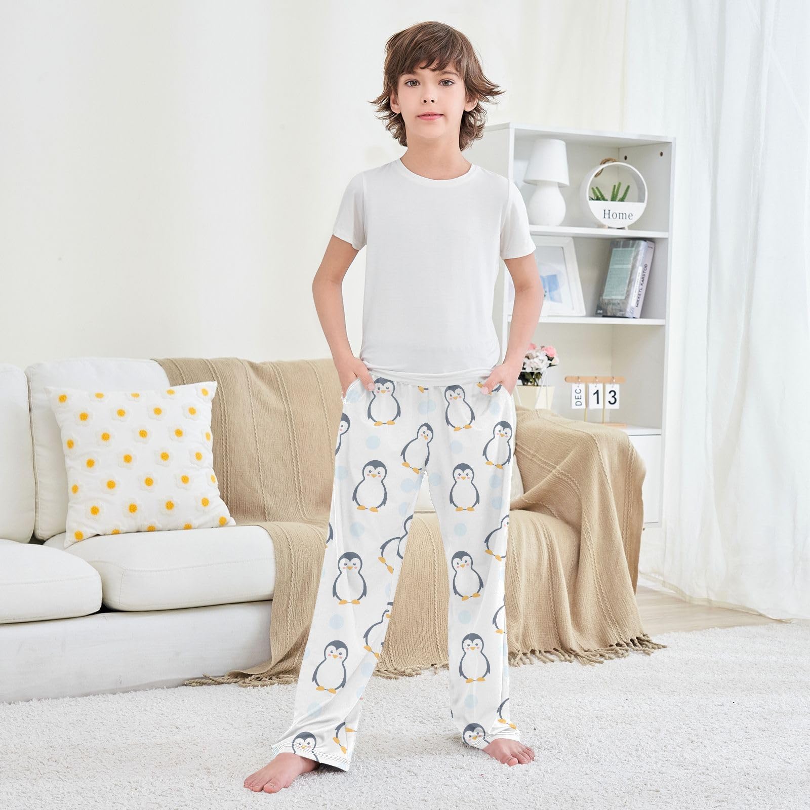 Mnsruu Penguins Schlafanzughose für Jungen, nahtloses Muster, mit Taschen, bequeme Nachtwäsche, elastischer Bund, Pyjamahose, Kinder-Pyjamahose für 6–14 Jahre
