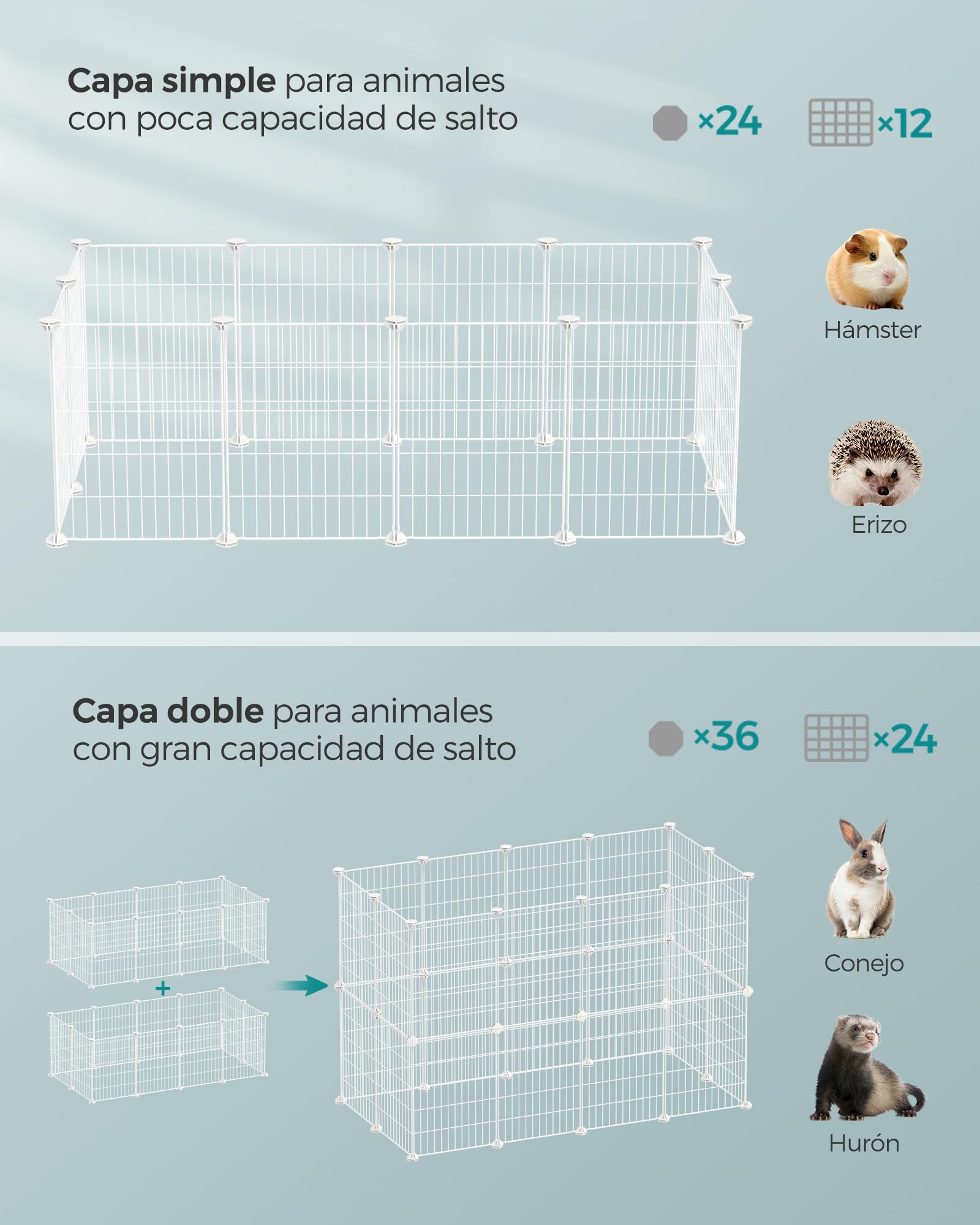 SONGMICS Jaula para Mascotas, Valla Metálica para Hámster, Conejitos, Parque de Mascotas en Bricolaje, para Animalitos, Blanco LPI001W01