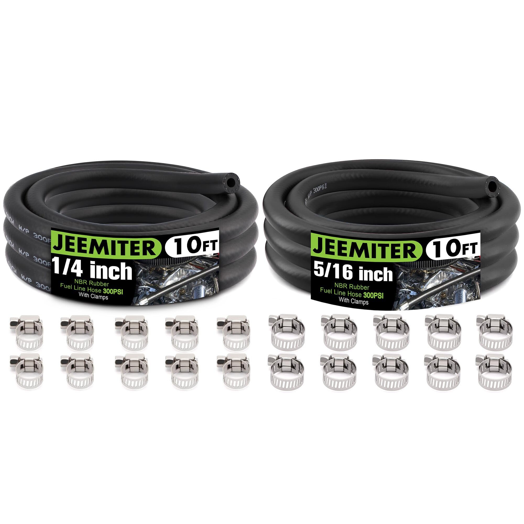 Jeemiter 1/4" &amp; 5/16" ID Fuel Line Hose Combo Pack - 10FT Each (20FT Total) with 20 Clamps - SAE 30R7 Small Engine Repair Kit for Lawn Mowers, Generators, ATVs, Motorcycles