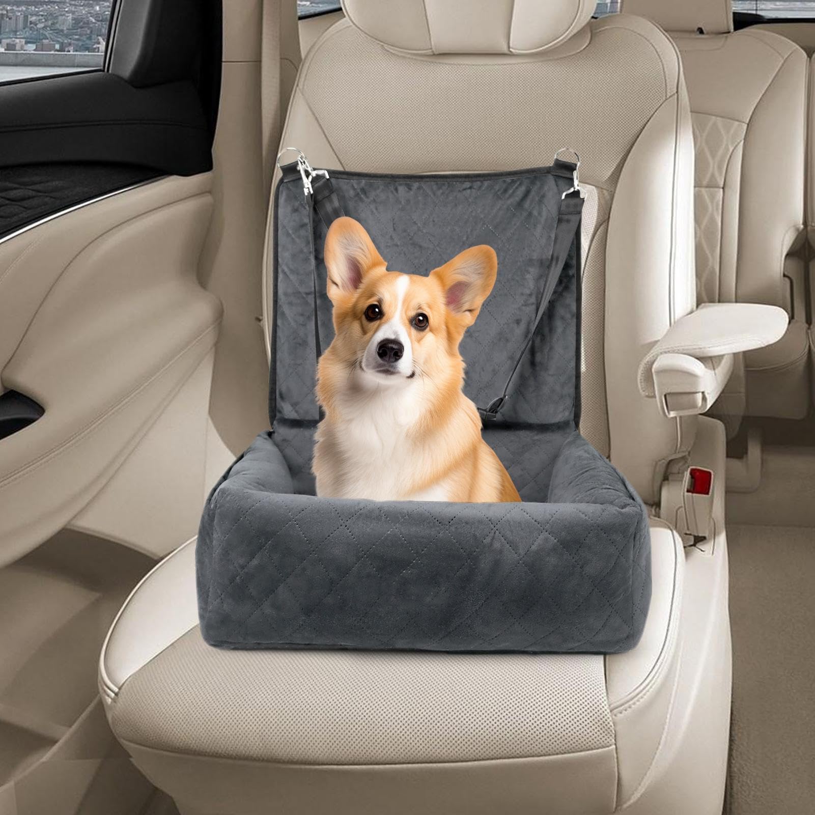 Seggiolino auto per cani, comodo sedile con 2 tasche laterali, cuscino per | veicoli per cuccioli, per sedili anteriori e posteriori, viaggi, viaggi su strada, pendolari, camper, SUV