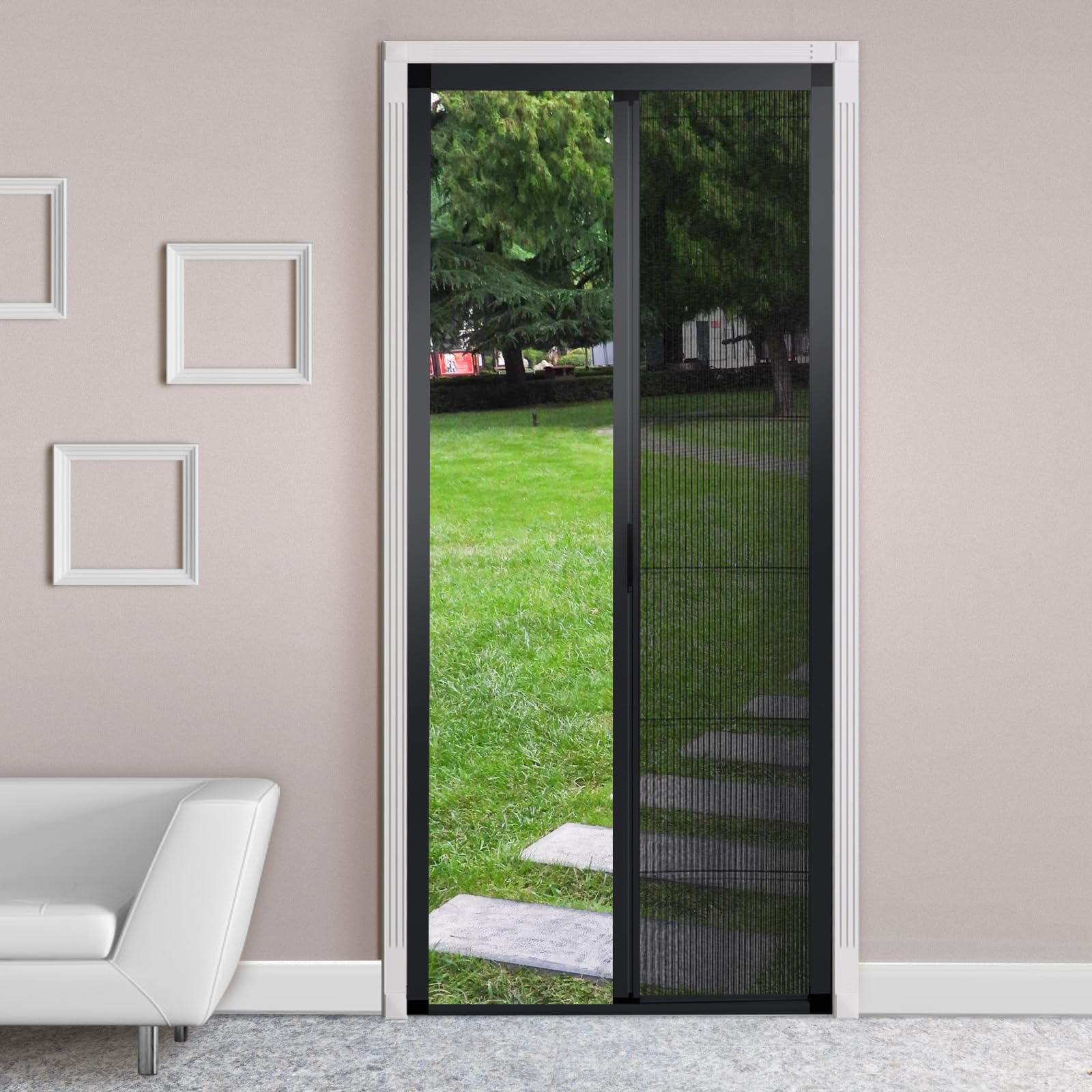 No-Drilling Retractable Screen, Folding Door with Aluminum Frame and Durable Mesh, Keeps Bugs Out, Custom Size (Black)