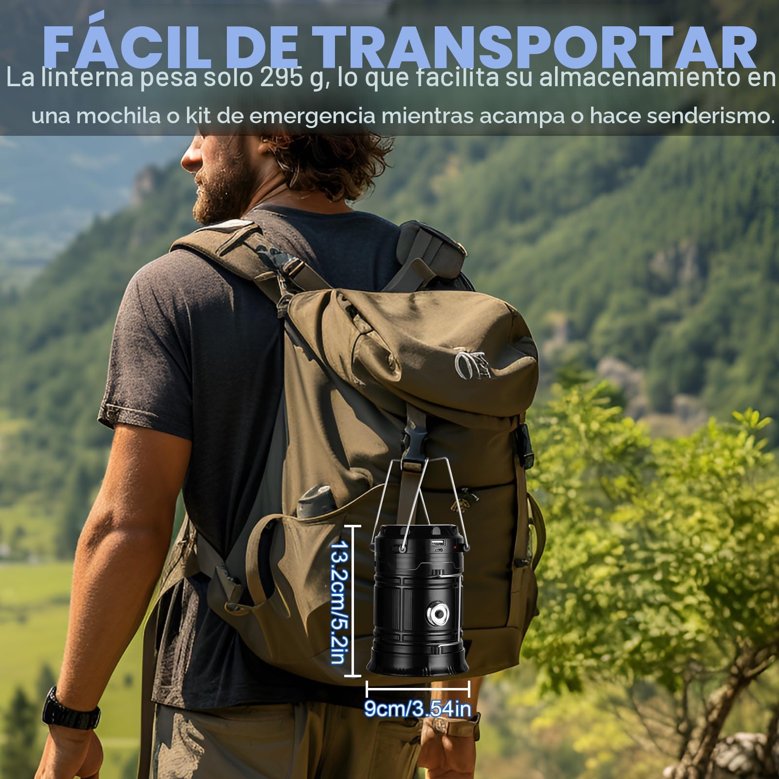 Linterna Camping Solar LED Plegable Impermeable con Gancho, Luz para Acampar, Negro