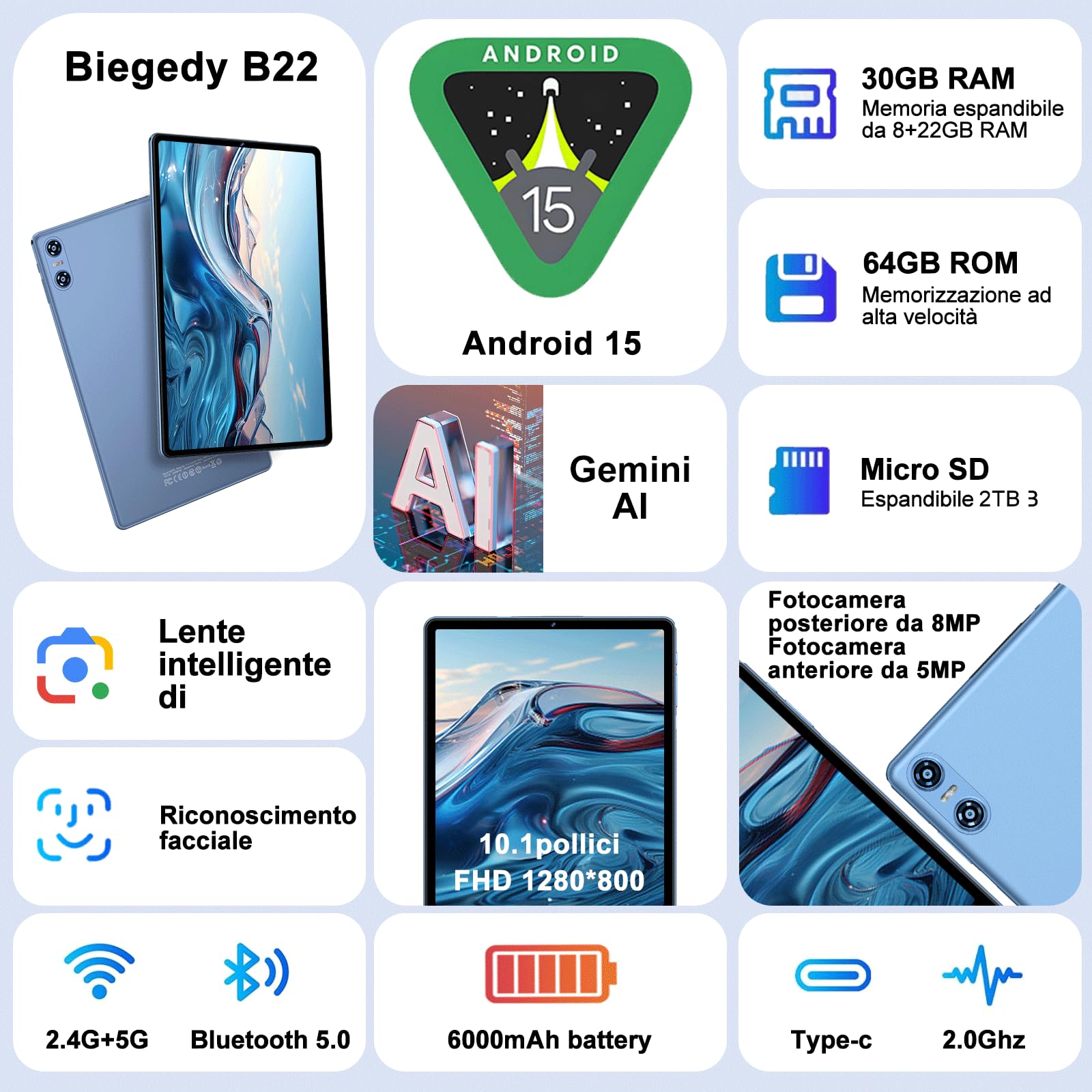 Biegedy 2026 Tablet 10 Pollici Android 15, 30GB RAM + 64GB ROM(2TB TF), Gemini AI, Octa-Core, 5G WiFi 6, Widevine L1, GMS, GPS, BT 5.0, 6000mAh, 5MP+8MP, Tablet in Offerta con Tastiera, Mouse - Blu