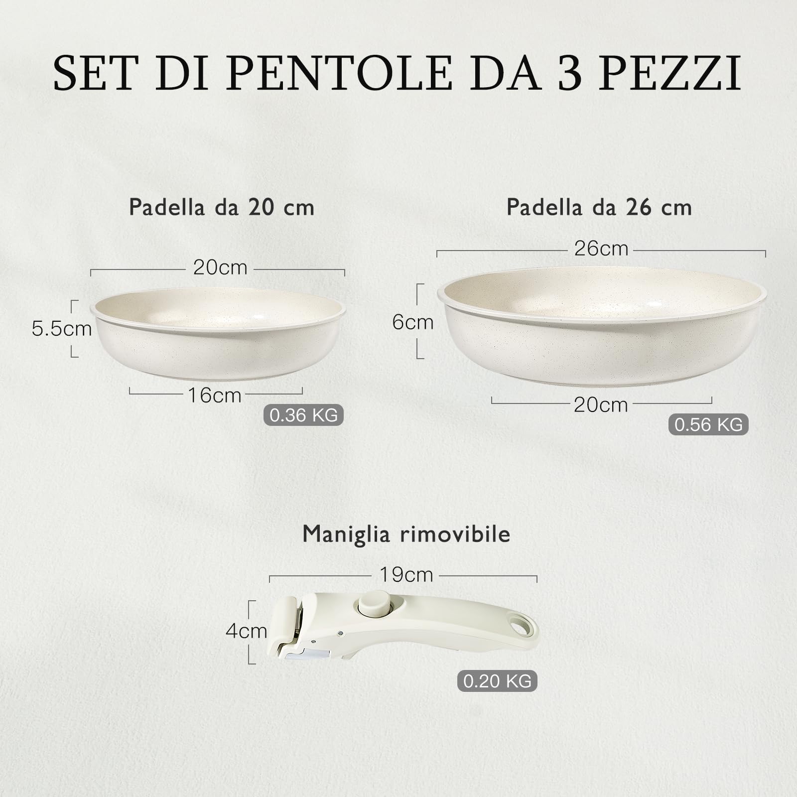 GiPP Set di Pentole e Padelle Ceramiche Antiaderenti 3 Pezzi con Manico Amovibile - Cucina Sana per Camper, Senza Tossine, Compatibile Induzione/Forno/Lavastoviglie