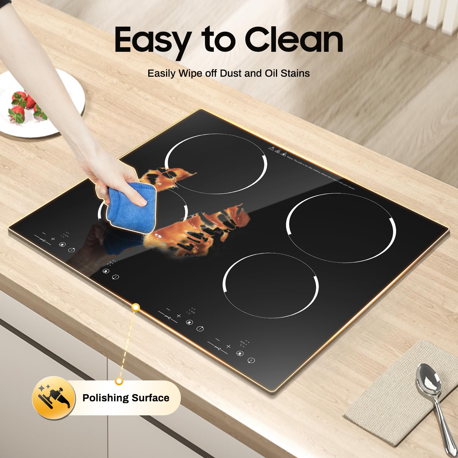 Cocina de cerámica, 22 x 20 pulgadas, 4 quemadores incorporados, estufa eléctrica con control táctil, temporizador de bloqueo para niños, estufa eléctrica con alambre duro, 3000 W, 110 V 6