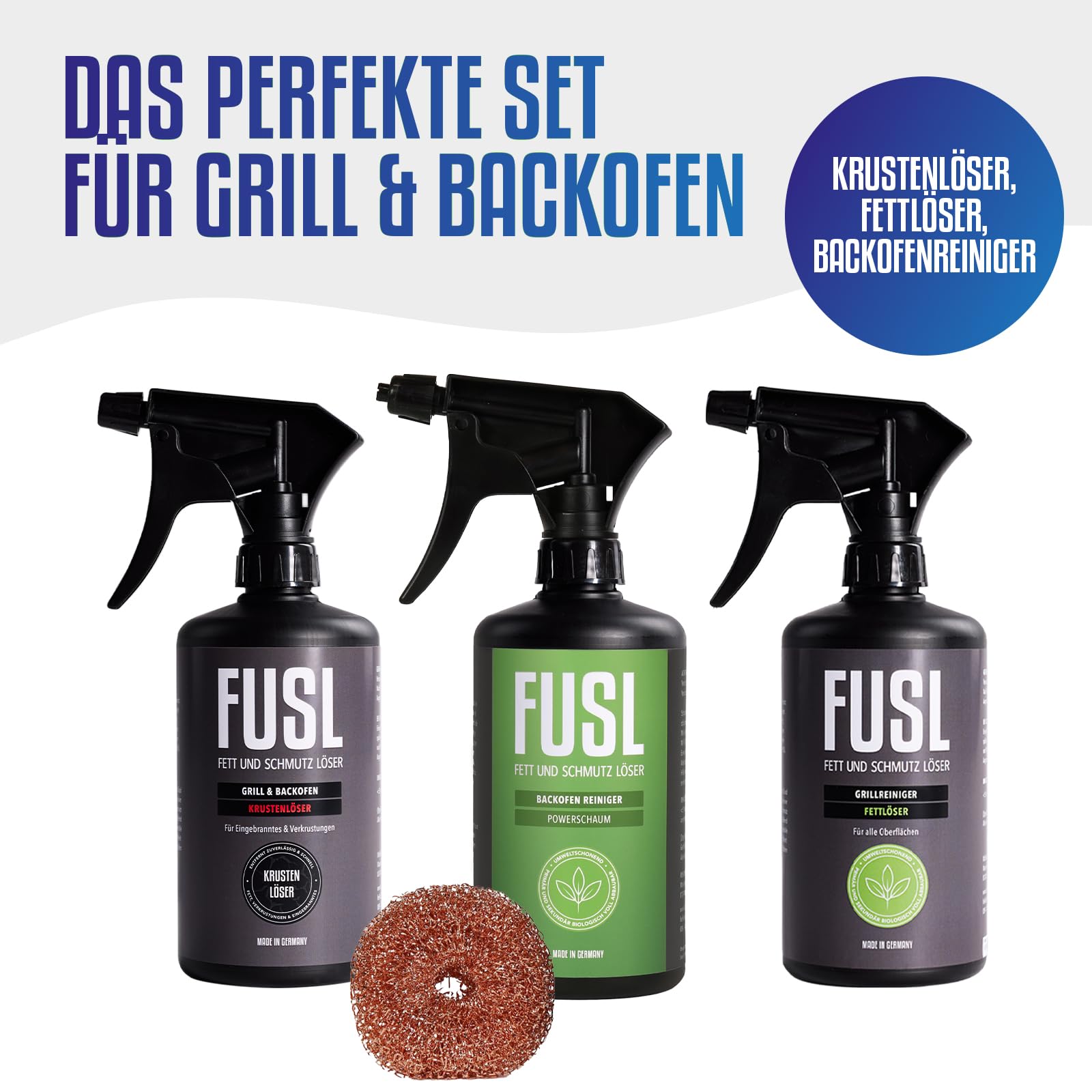 Reinigungsset 3x500 ml + Kupferschwamm – Krustenlöser, Fettlöser & Backofenreiniger Power-Schaum für Grill, Backofen, Pfanne, Ceranfeld & mehr – stark gegen Eingebranntes & fettige Rückstände