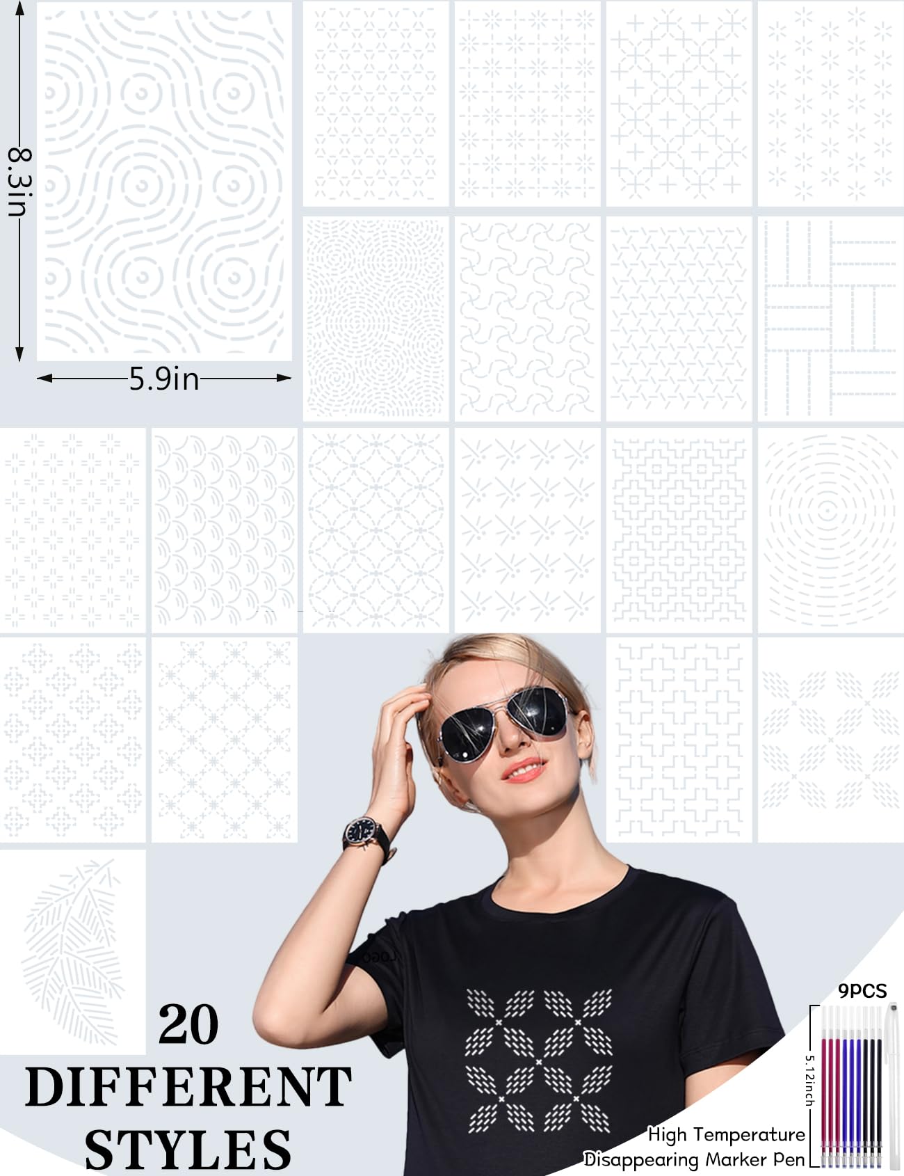 Gezan 20 Pcs Sashiko Stencils 8.3 x 5.9 Inch Plastic Sashiko Template Pattern Geometric Embroidery Stabilizers Drawing Line Template for Hand Quilting Sewing