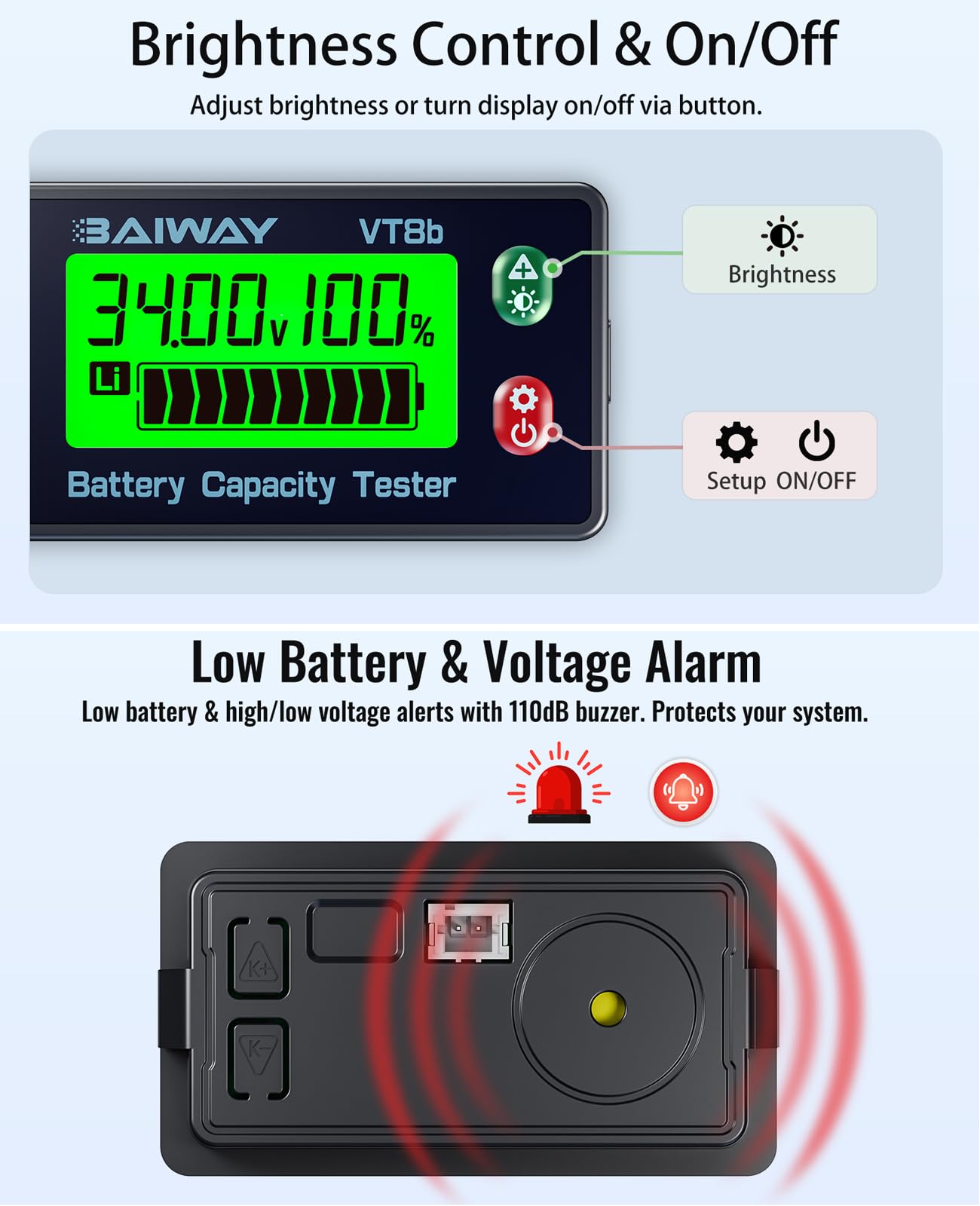 Monitor Batteria 8-120V, Voltmetro Digitale e Indicatore di Capacità Percentuale ±1%, Display LCD Retroilluminato con Allarme 110dB, Tester per Litio, LiFePO4, Piombo per Camper, Auto, Moto e Barca