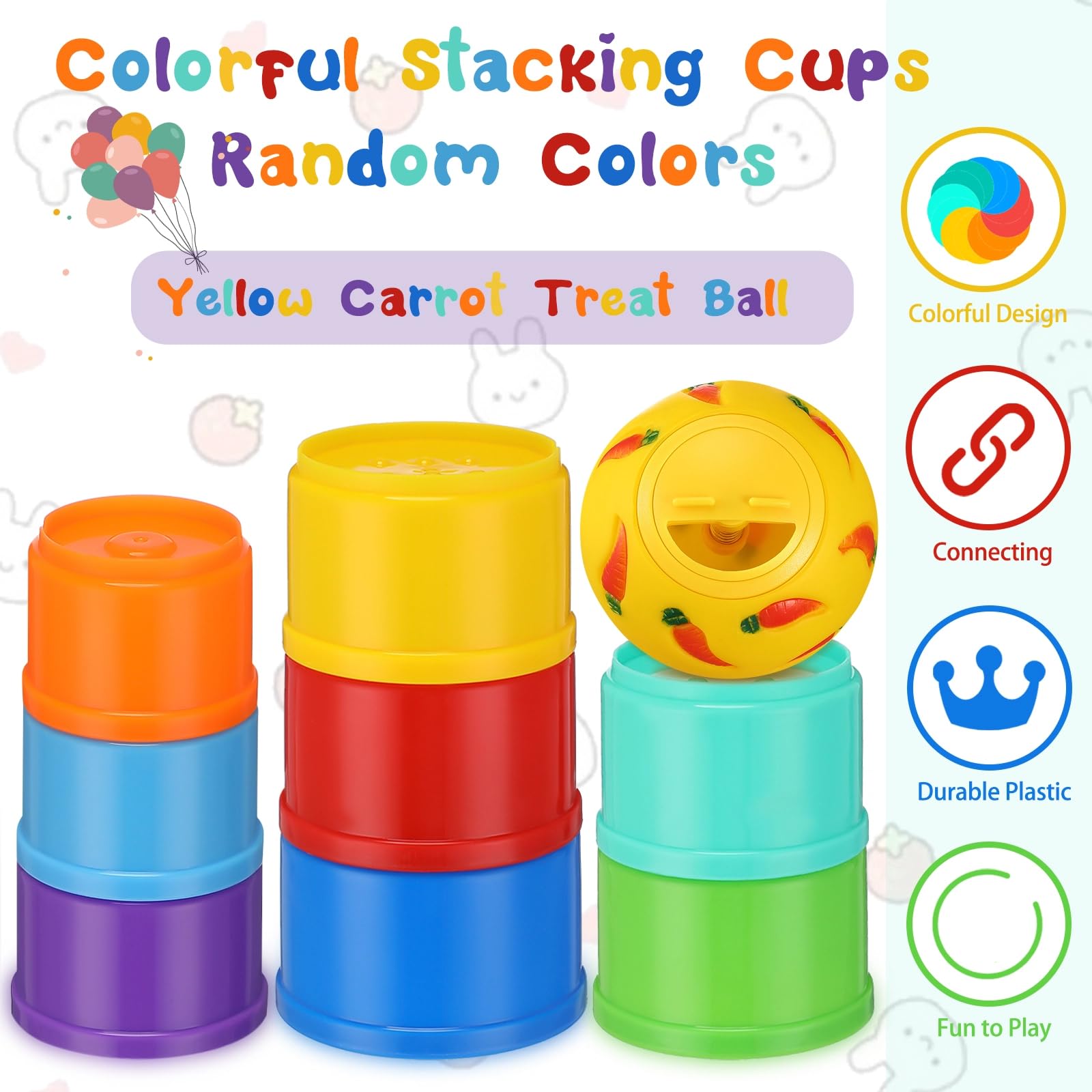 LEIFIDE Paquete de 9 vasos apilables de conejo y bola de golosinas para juguetes de conejo, dispensador de alimentos para conejos, tazas apilables para conejos, bolas de aperitivos, juguetes de