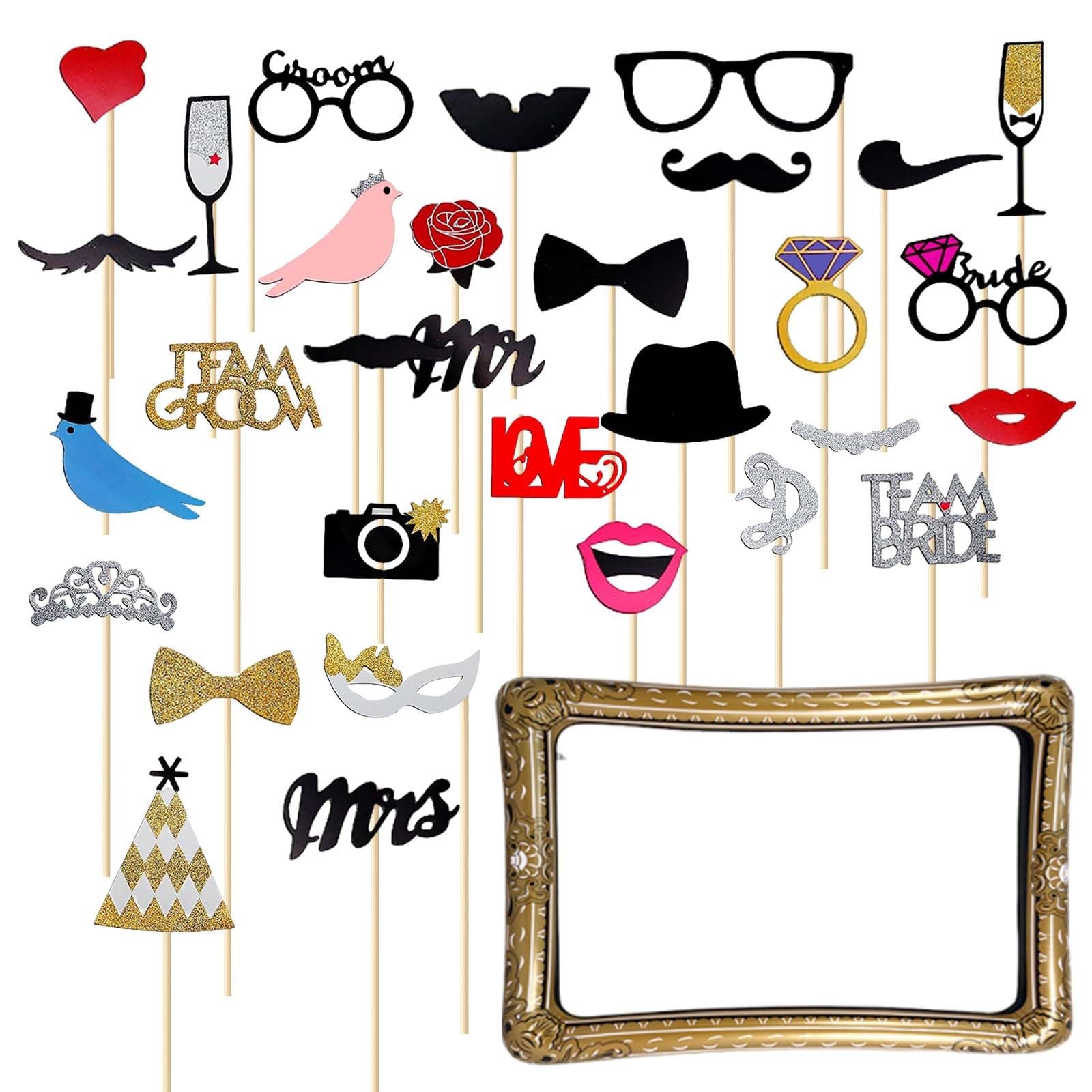 Wedding Photo Booth Props,31PCS Black Gold Inflatable Selfie Frame and 1PCS Photo Booth Props,Giant Inflatable Party Photo Booth Frame,For Party Decoration Gathering Birthday Wedding