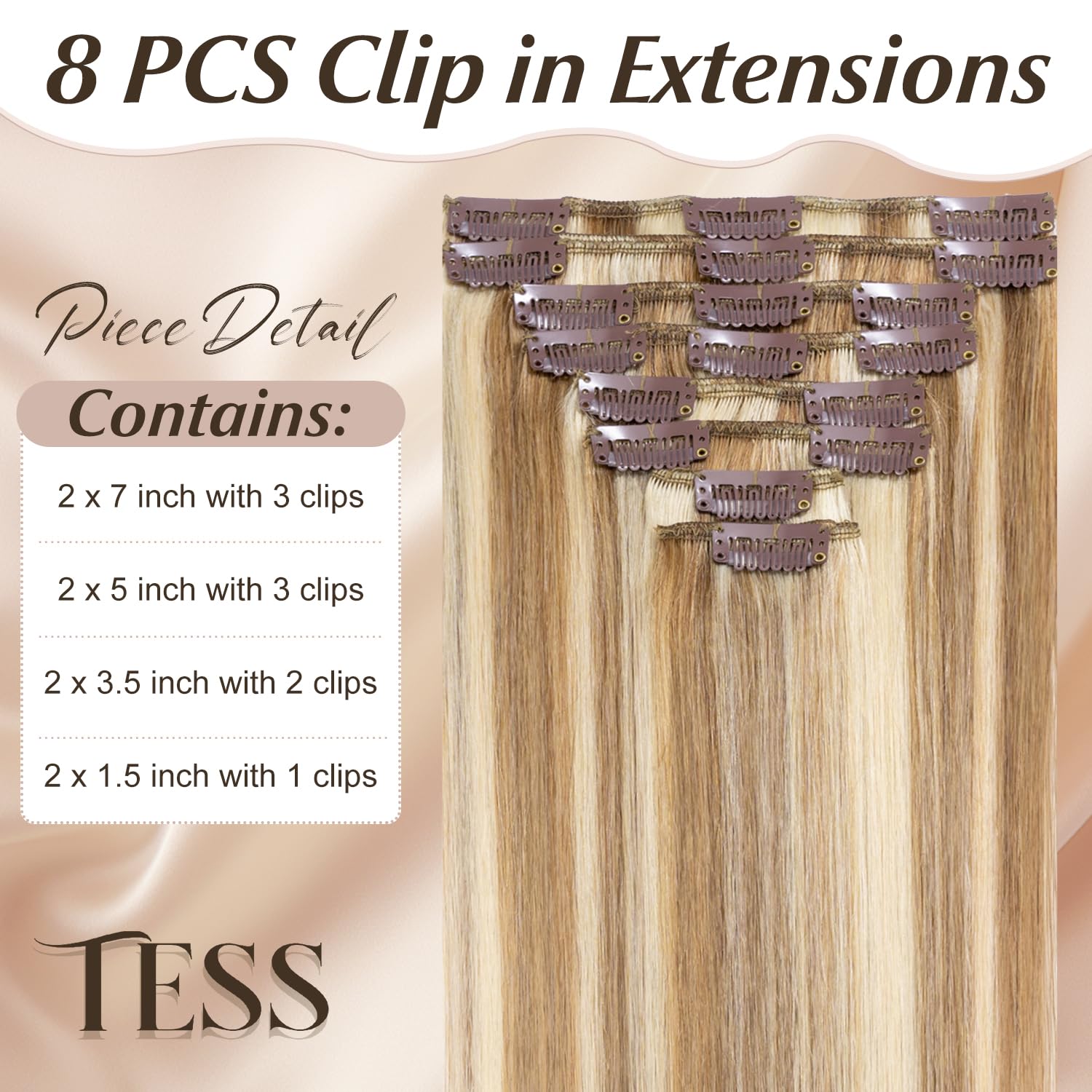 TESS Clip in Hair Extensions Real Human Hair Highlighted Remy Seamless 8 Pieces Straight Long for Women/Girls (#12P613 Golden Brown & Bleach Blonde - Image 2