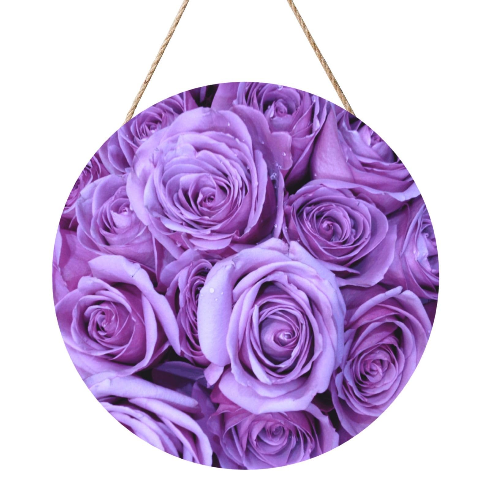 InOmak Purple Rose Pattern Flower Pattern, Round Wood Panel Painting 12 in, Wall Hanging Painting For Home