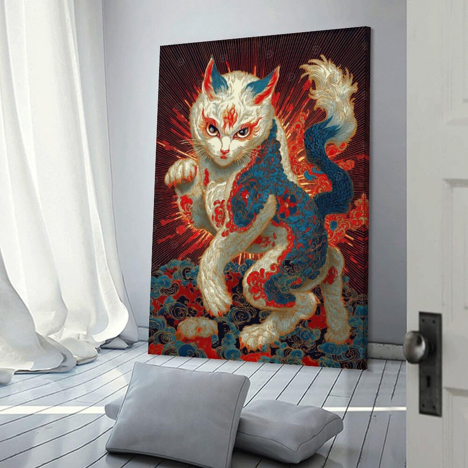 Junmoney Ornate Cat Illustration with Asian Motifs Decorative Wall Artwork 24x36inch(60x90cm), for Home Lounge, Bedroom Or Reading Nook, Modern Wall Decor for Cosy Interiors