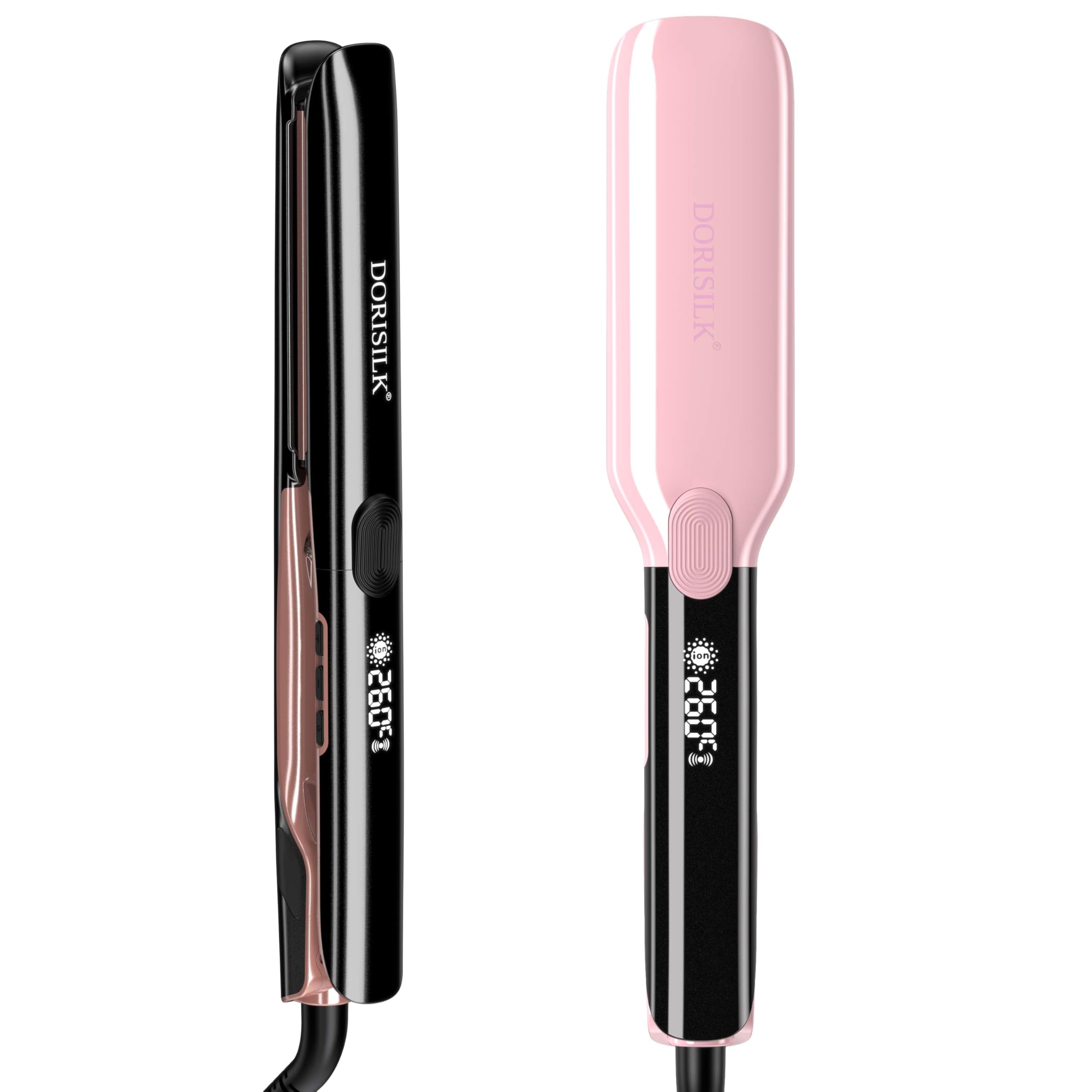 DORISILK500 Degree Flat Iron 1 Inch (Black)& 1.75 inch Hair Straightener(Pink) Set