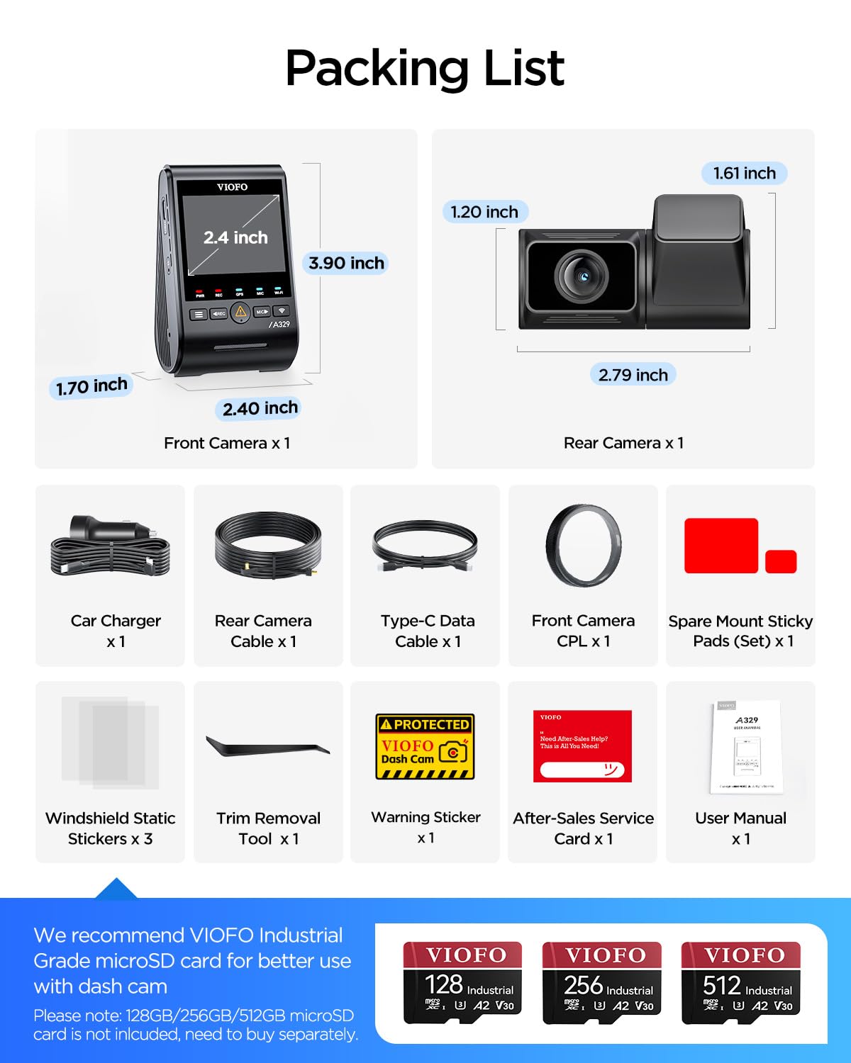 VIOFO A329S 4K 60FPS Dash Cam Front and Rear, 4K+2K Dual Dash Camera for Cars, Power Saving Parking Mode, Wi-Fi 6 App Control, Dual STARVIS 2 Sensors, Supports up to 4TB SSD or 512GB microSD Card