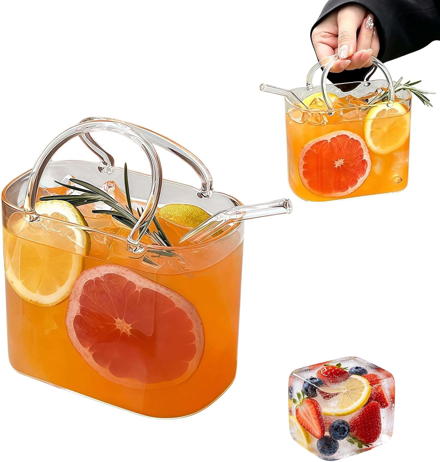 Purse Drinking Glass with Straw, Glass Purse for Drinks, Decorative Glass Purse Drinking Hand Bag, Unique Wine Glasses Cup for Women Party, Fish Bowl Vase (3)
