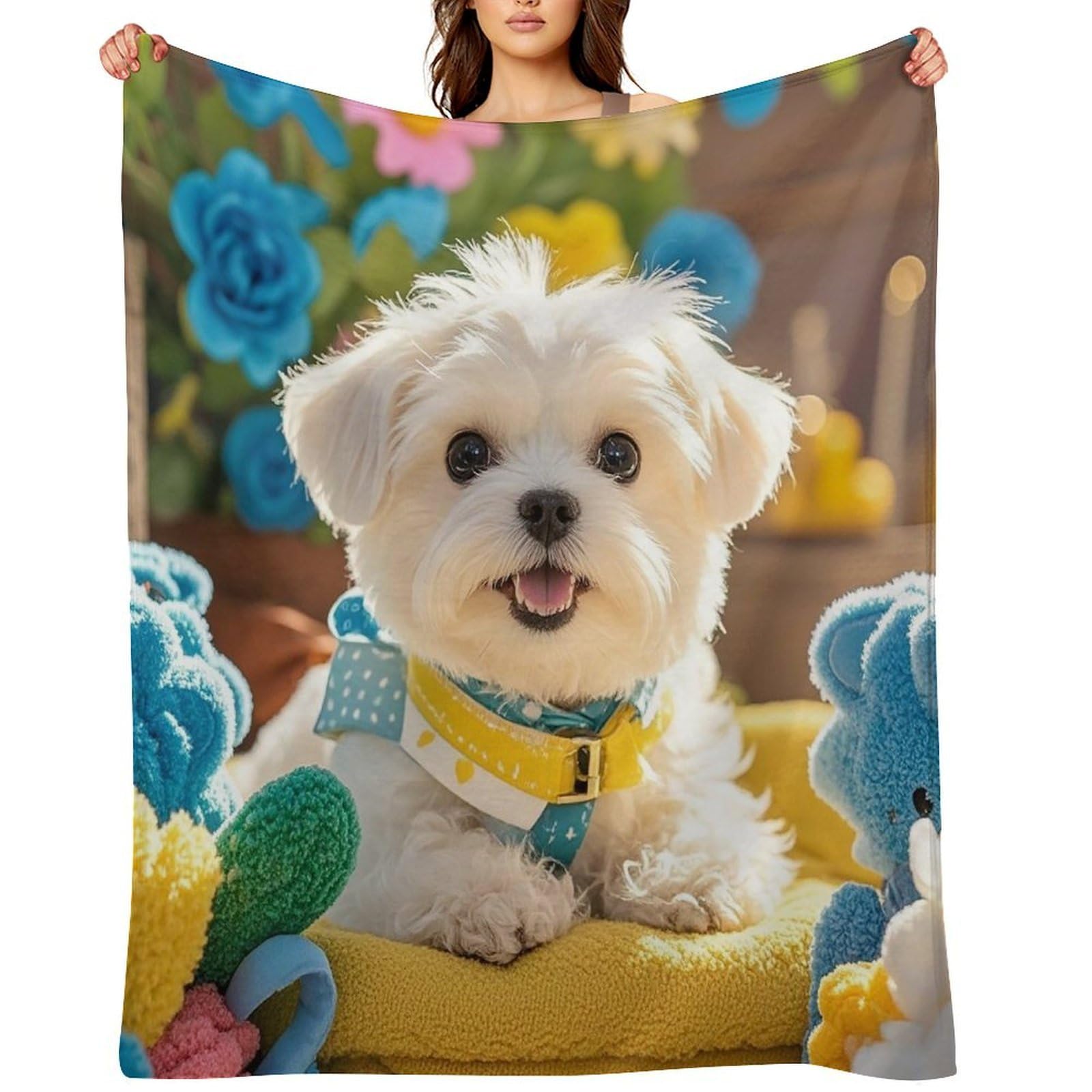 Cute Maltese Puppy Throw Blanket for Couch and Bed Super Soft Warm Lightweight Throw Blankets Cozy Fuzzy Flannel Blanket Personalized Decorative Blankets for Sofa Decor 50"x60"