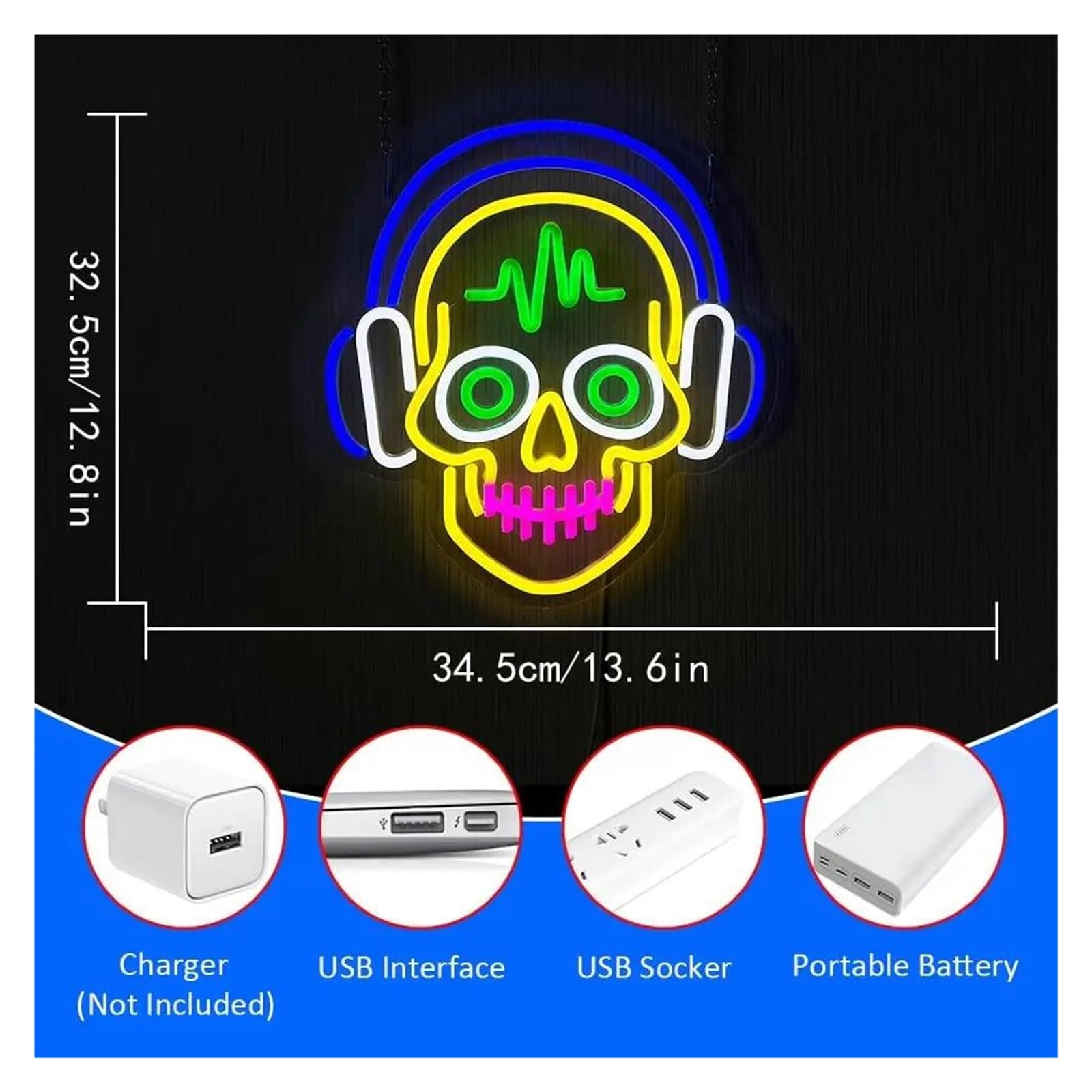 Luz de Diseño de Digital Lámpara De Neón LED Regulable Con Forma De Calavera Para Pared, Fiesta, Club, Bar, Sala De Juegos, Sorpresa De Cumpleaños 32,5X34,5Cm