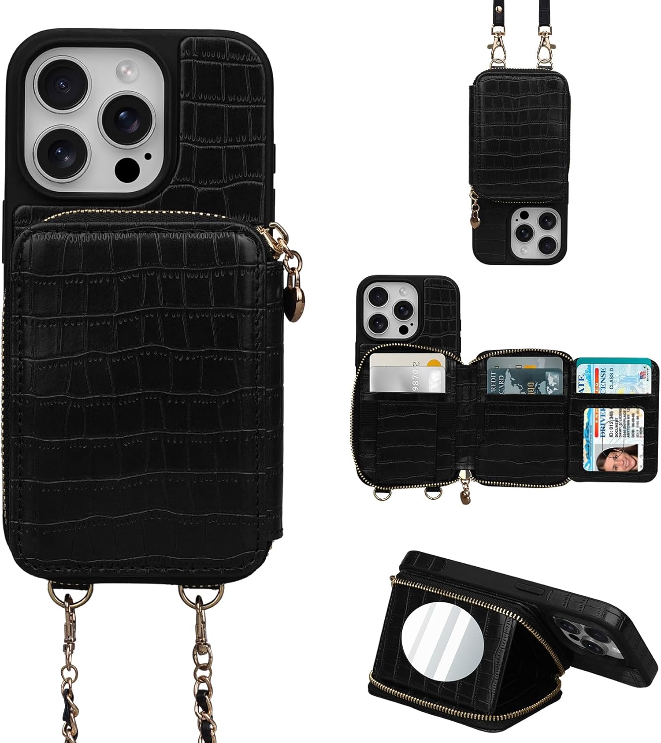 Crossbody Mirror Case Wallet for iPhone 15 Pro with Strap, RFID Blocking Card Holder, Zippered Purse Phone Cover for Women - 6.1", (Black) 6.1" iPhone 15 Pro Black