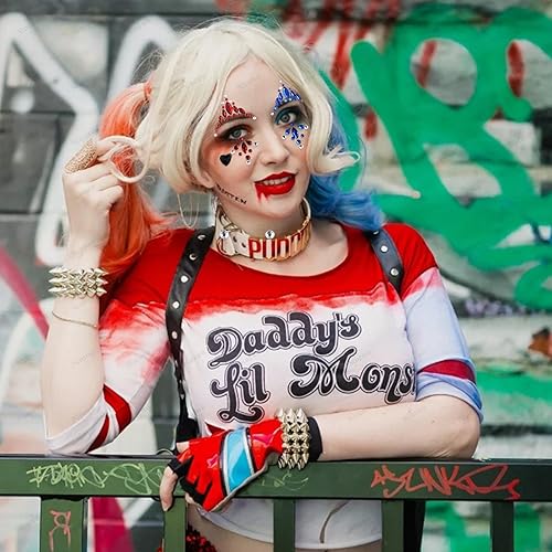 2 Pcs Clown Face Gems Makeup Stickers Clown Queen Face Jewels Jester Gemstone Face Stickers Day of the Dead Thriller Style Glitter Rhinestone Temporary Tattoos for Halloween Carnival Party Decor