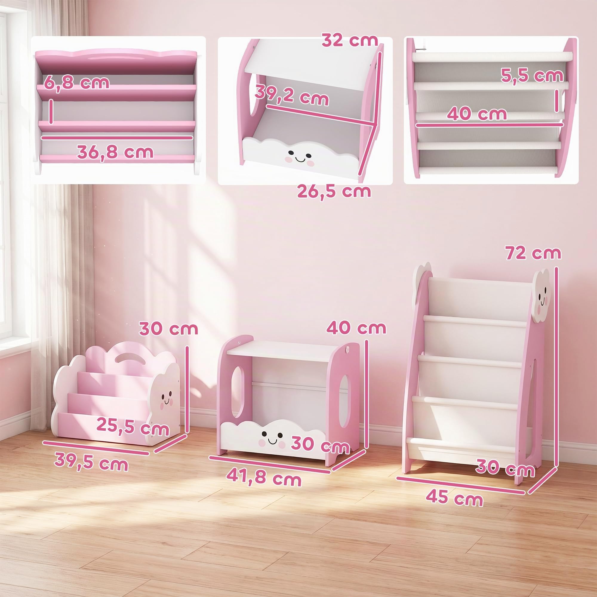 AIYAPLAY Estantería Infantil para Juguetes 3 en 1 85,5x32x72 cm Rosa | Organizador de Juguetes con Librería, Revistero y Mesita de Noche, para Niños 3-8 Años, para Dormitorio, Sala de Juegos
