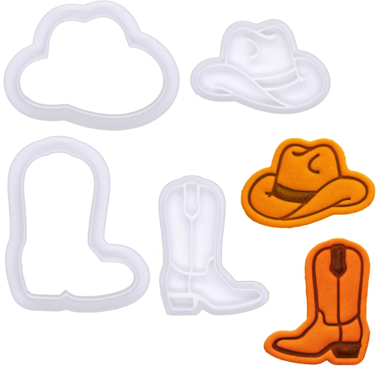 BAKERLOGY Mini Cowboy Boot and Hat Cookie Cutter and Stamp Set (2") – Western-Themed Cupcake Fondant Embosser for Country Party, Farm Rodeo Bakes and Yeehaw Cakes