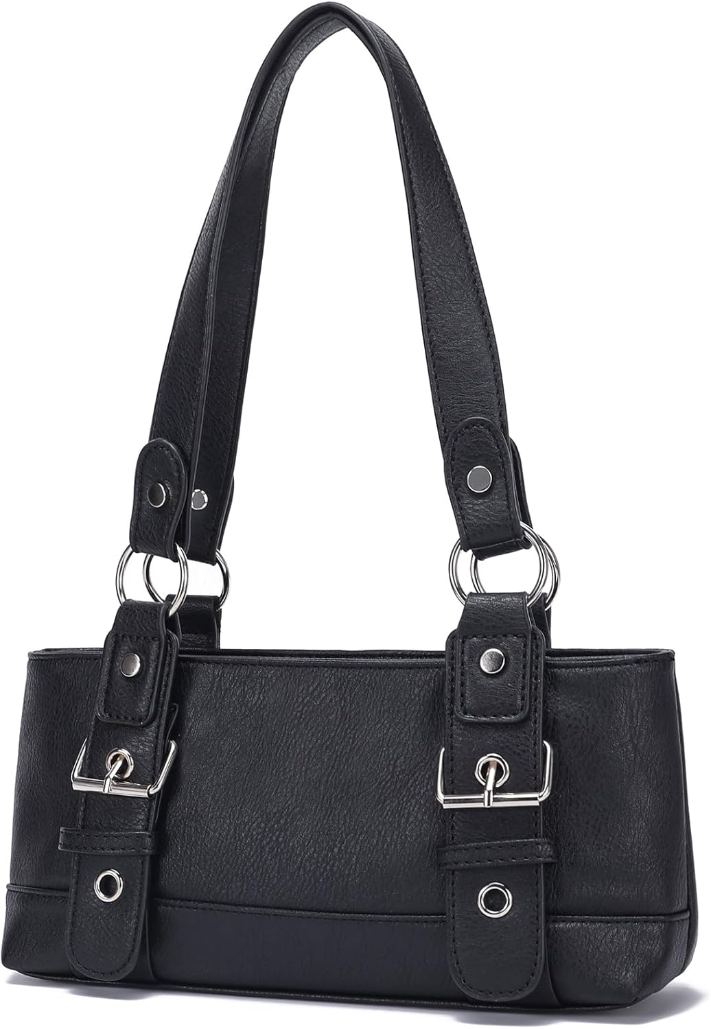 Women's Small Shoulder Bag Punk Y2k Vintage Purse with Buckles (Black)