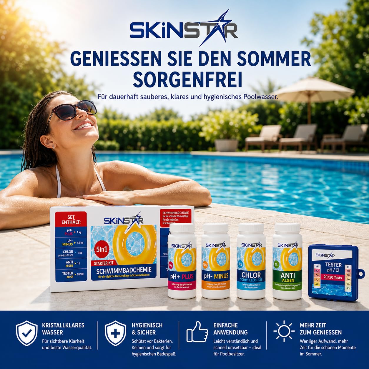 Pool Starter Set 5in1 Schwimmbadchemie - Chlor-Granulat, pH-Plus & pH-Minus, Anti-Algen, Teststreifen - Komplettset zur Wasserpflege für klares Poolwasser