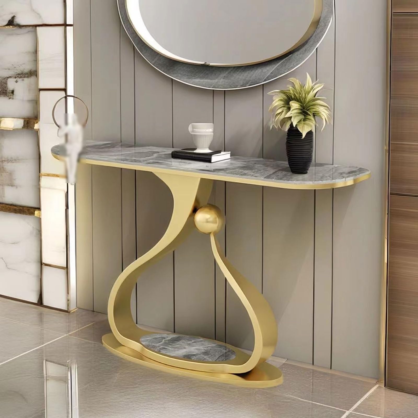 Consolle con ripiano Moderna, Stretto Tavolino da Divano in Metallo Base | Tavolo Consolle Ingresso in Pietra Sinterizzata, Mobile d'ingresso per Piccoli Spazi(Gold+Gray,L100CM/39.4IN)