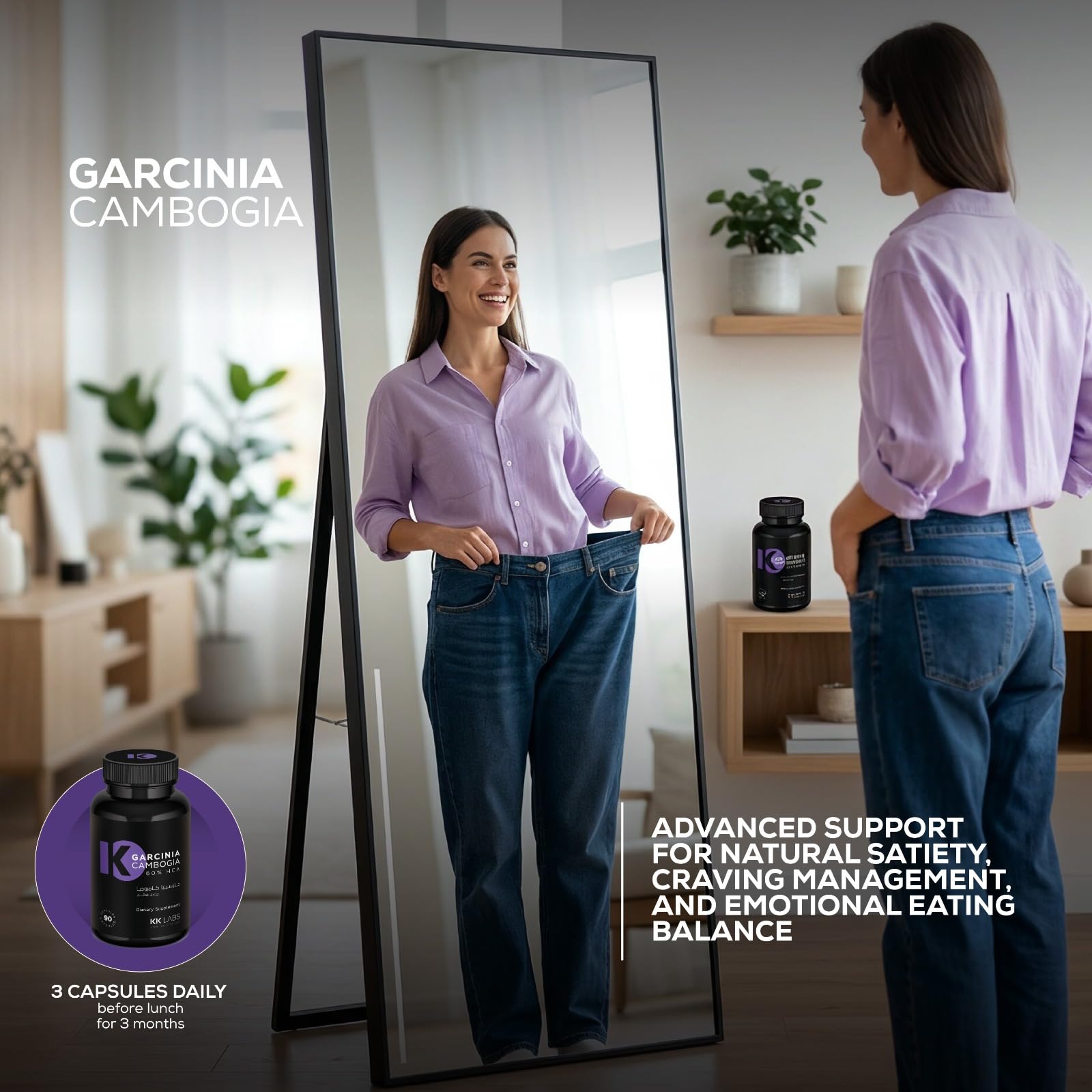 KK Labs Garcinia Cambogia 900mg 60% HCA 90 Capsules - With Nopal Cactus Fiber 150mg for Appetite Control, Metabolism Support & Craving Reduction, Weight Management Alongside Diet & Exercise, 30 Servings