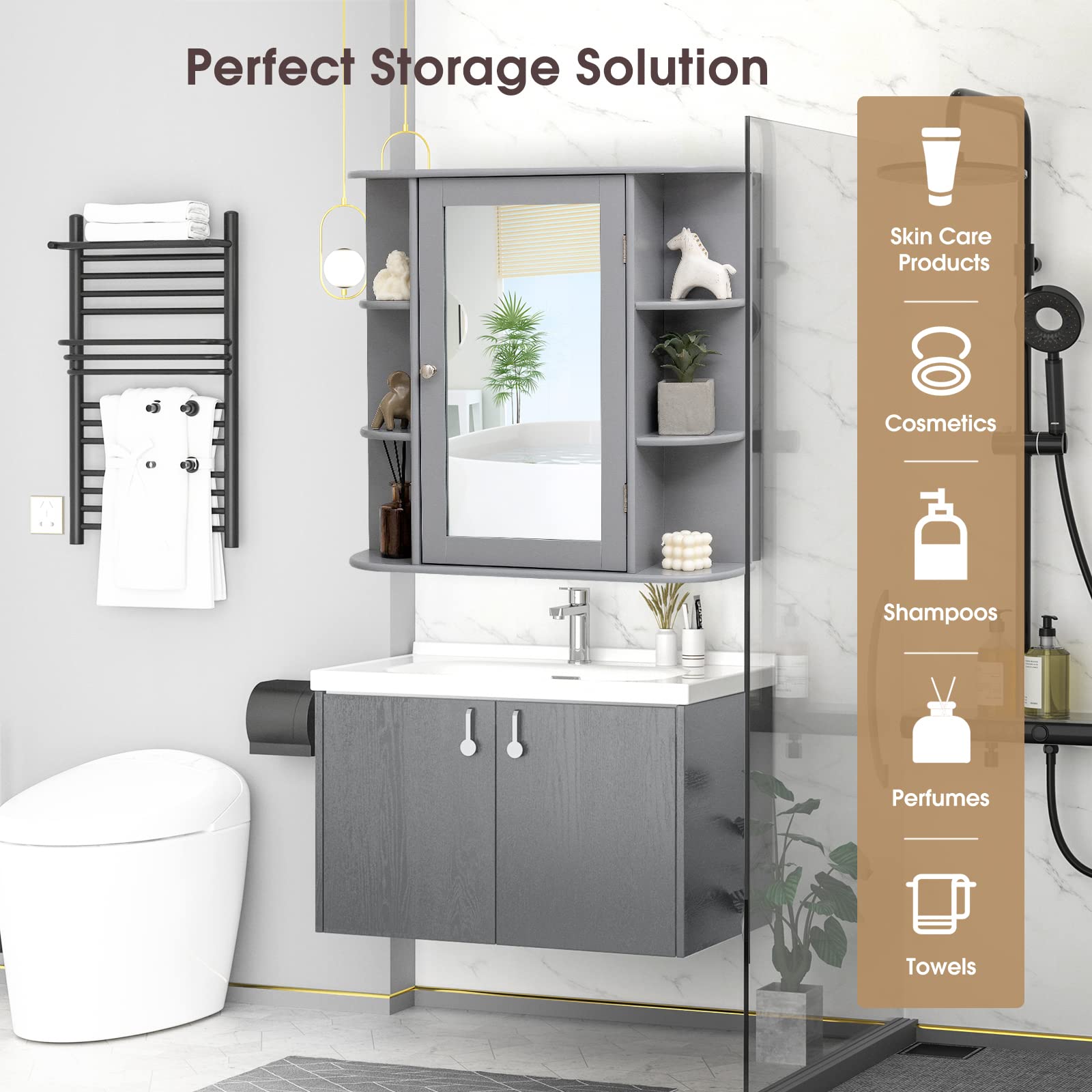 Giantex - Armoire de salle de bain avec miroir - En bois - Armoire murale à une porte, à suspendre - 4 étagères et 6 étagères - Armoire de maquillage - 65 x 17 x 64 cm (gris)