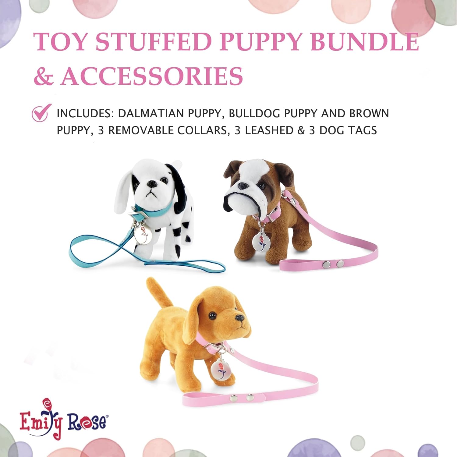 Emily Rose 18-inch Doll Pet Puppy Bundle - 3 Plush Dogs with Leashes, Collars & Tags - Labrador, Bulldog, Dalmatian Accessories Toy Playset for Kids Ages 3+ | USA Brand