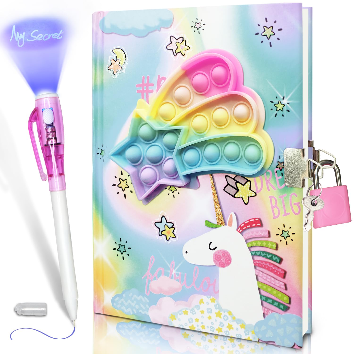 Pop Tagebuch Mädchen mit Schloss und Unsichtbarem Doppelendstift, 19 x 13,5 cm, 80 linierte Blätter Einhorn Pop Fidget Tagebuch Kinder Geheimes Notizbuch Stifte-Set Geschenke für Mädchen und Jungen