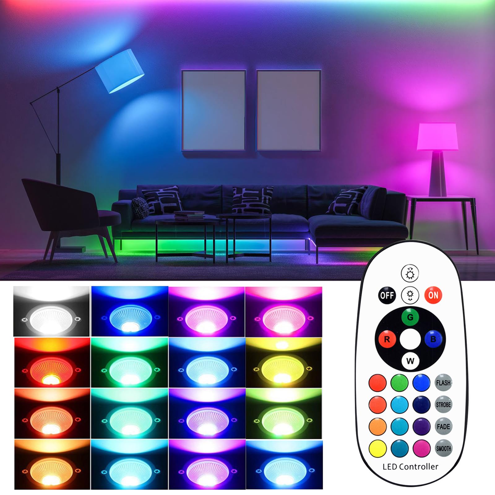 PORFOYO LED Spot Klemmstrahler, 6W RGB LED Klemmspot mit Fernbedienung, Strahler Klemmstrahler mit Stecker und Schalter, Schreibtischlampe, 4 Modi 16 Farbtöne, Wasserfester Klemmlampe für Innen Außen