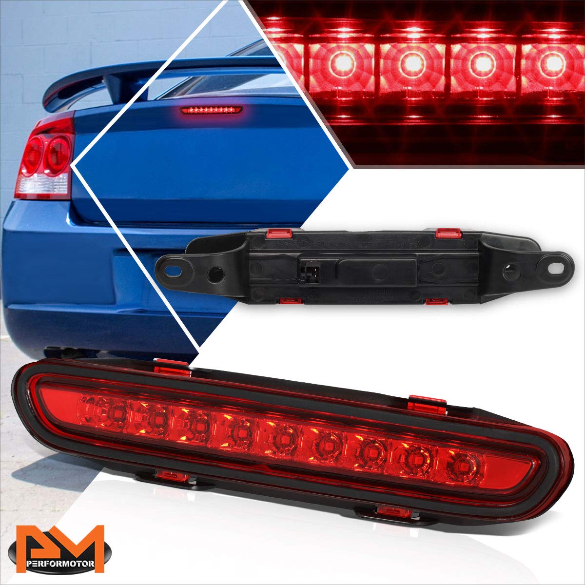 PM PERFORMOTOR Full LED 3rd Third Brake Light High Mount Stop Light Compatible with Dodge Charger 06-10,Chrome Housing/Red Lens