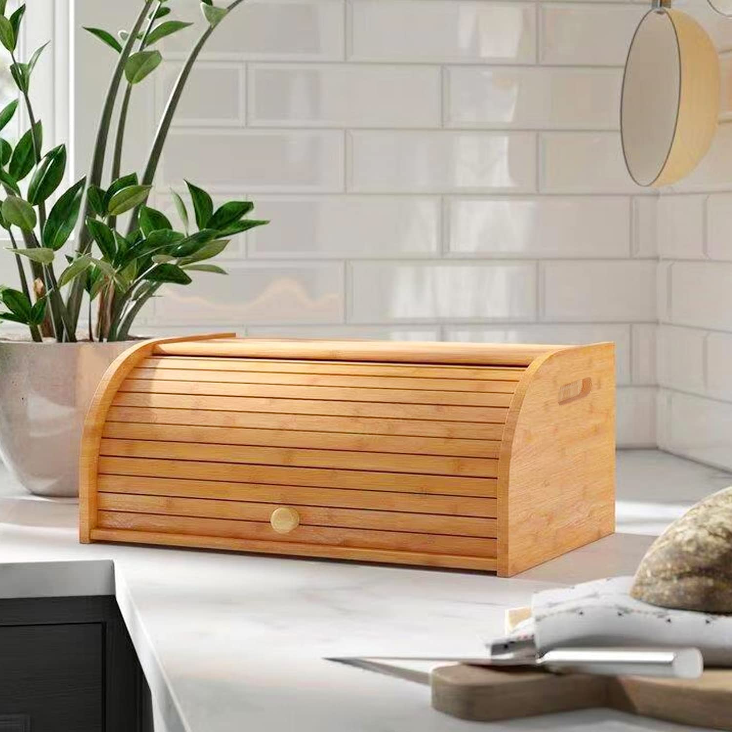 Boite a Pain en Bambou Bois - Huche à Pain avec Couvercle en Rouleau, Boîte à Pain pour Une Fraîcheur Durable, 40 x 28 x 17 cm